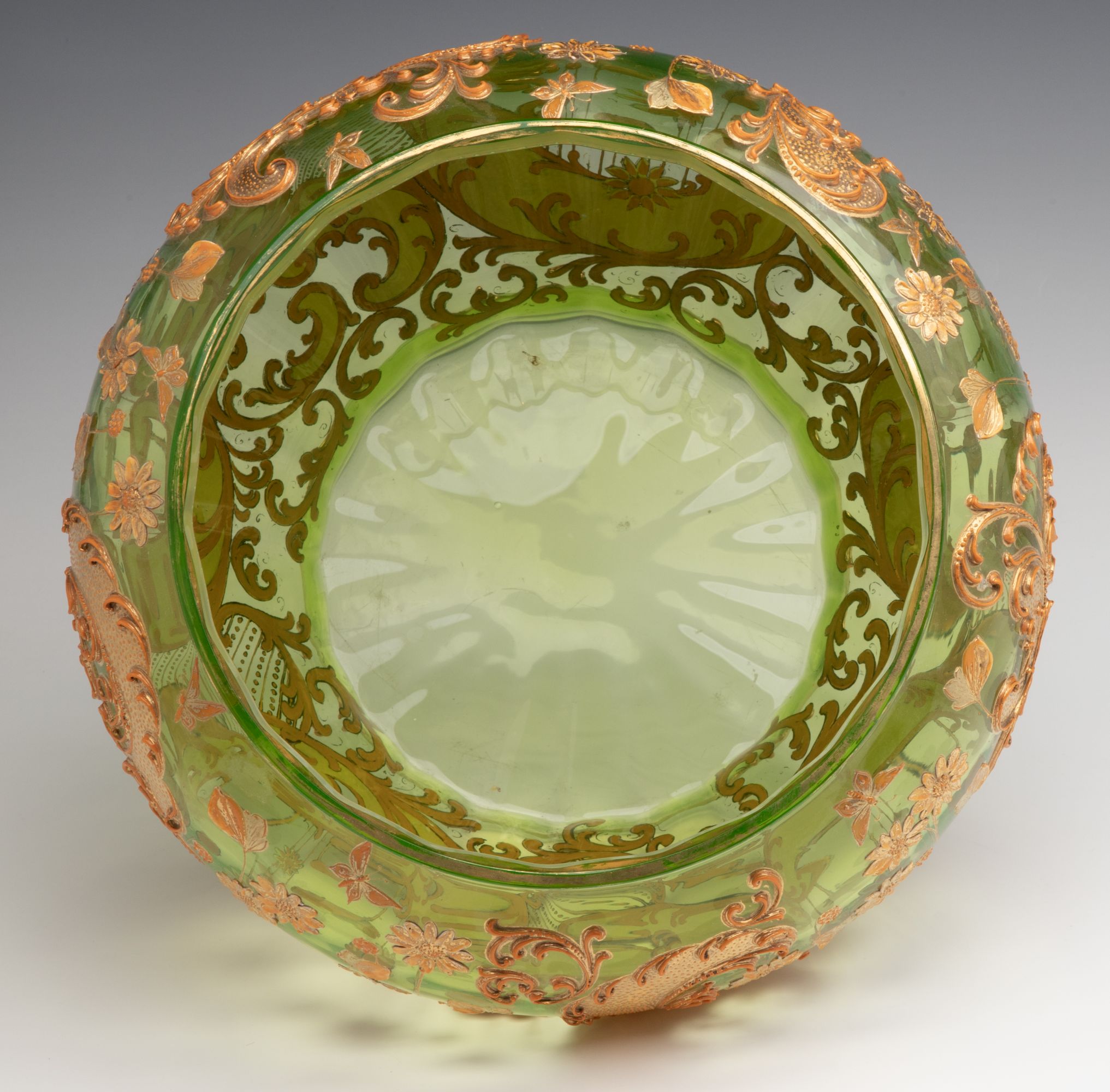 A BOHEMIAN GLASS PUNCH BOWL AND CUPS WITH THICK ENAMELS