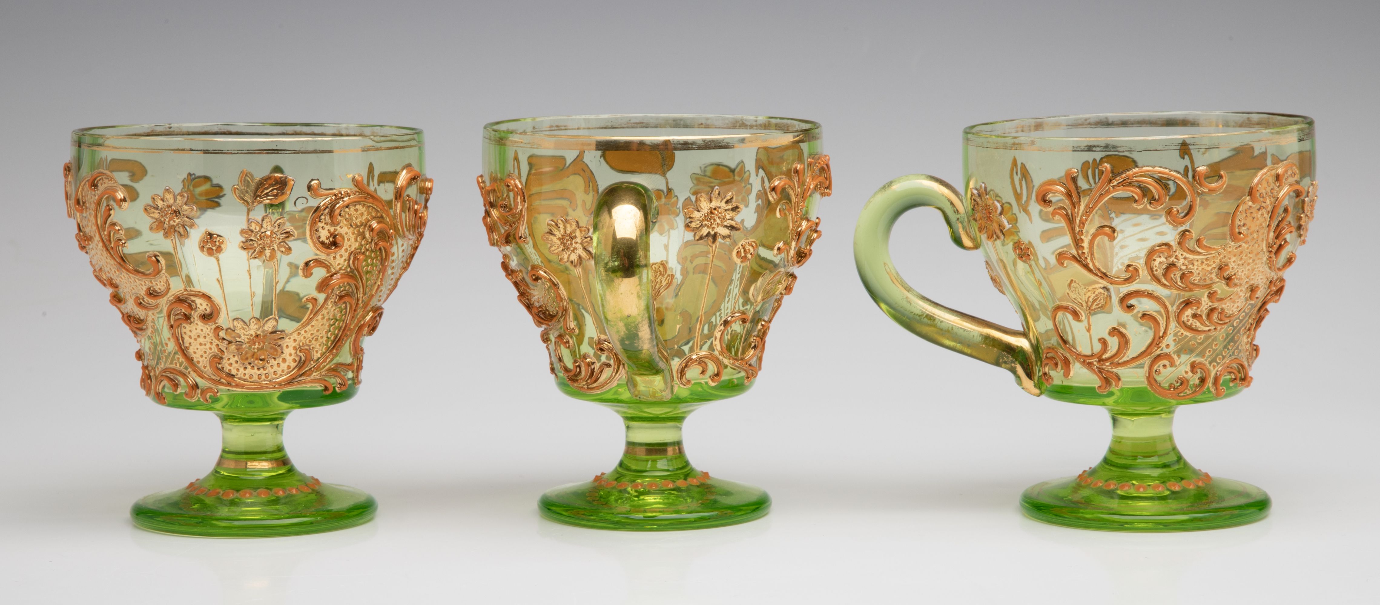 A BOHEMIAN GLASS PUNCH BOWL AND CUPS WITH THICK ENAMELS