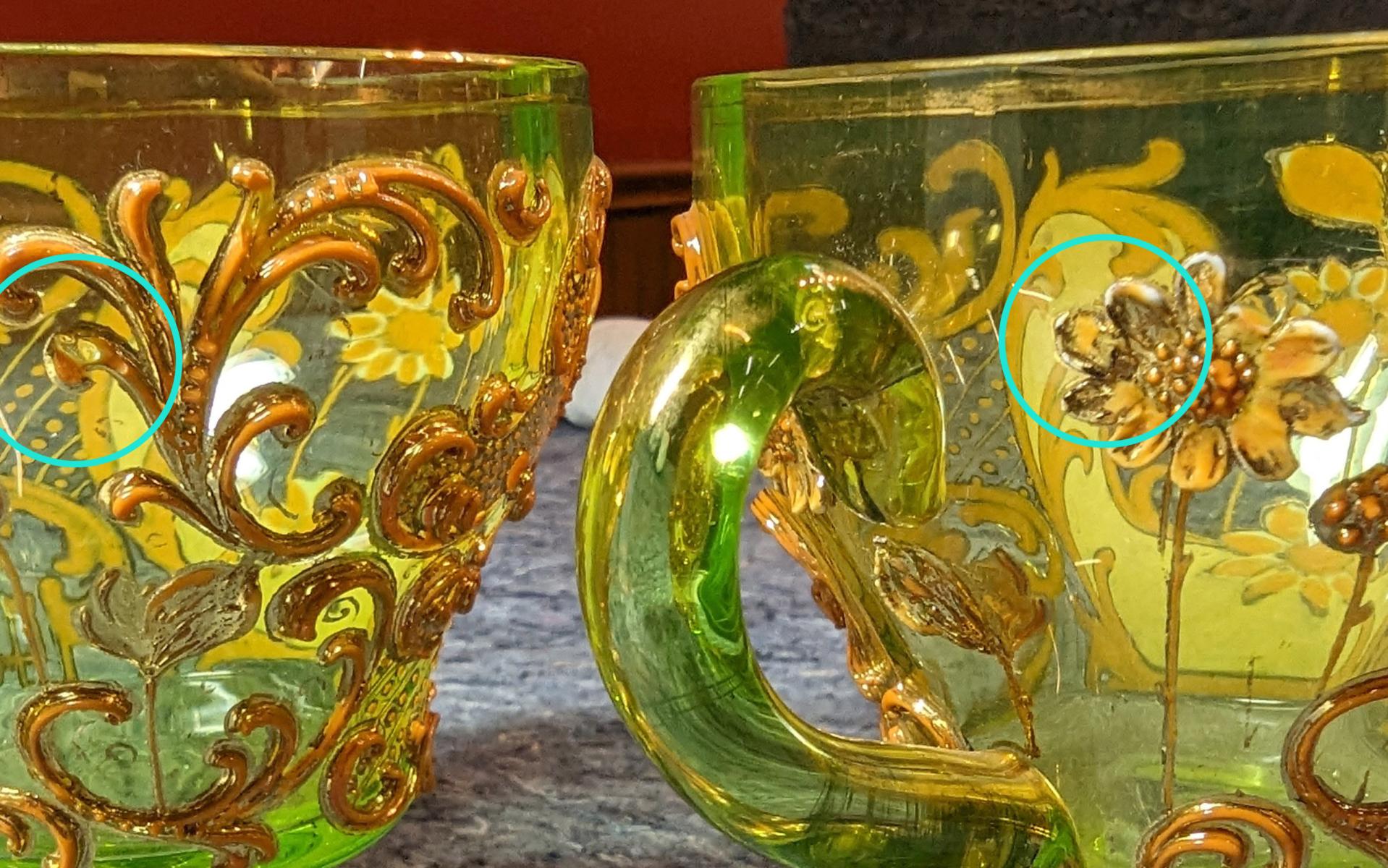 A BOHEMIAN GLASS PUNCH BOWL AND CUPS WITH THICK ENAMELS