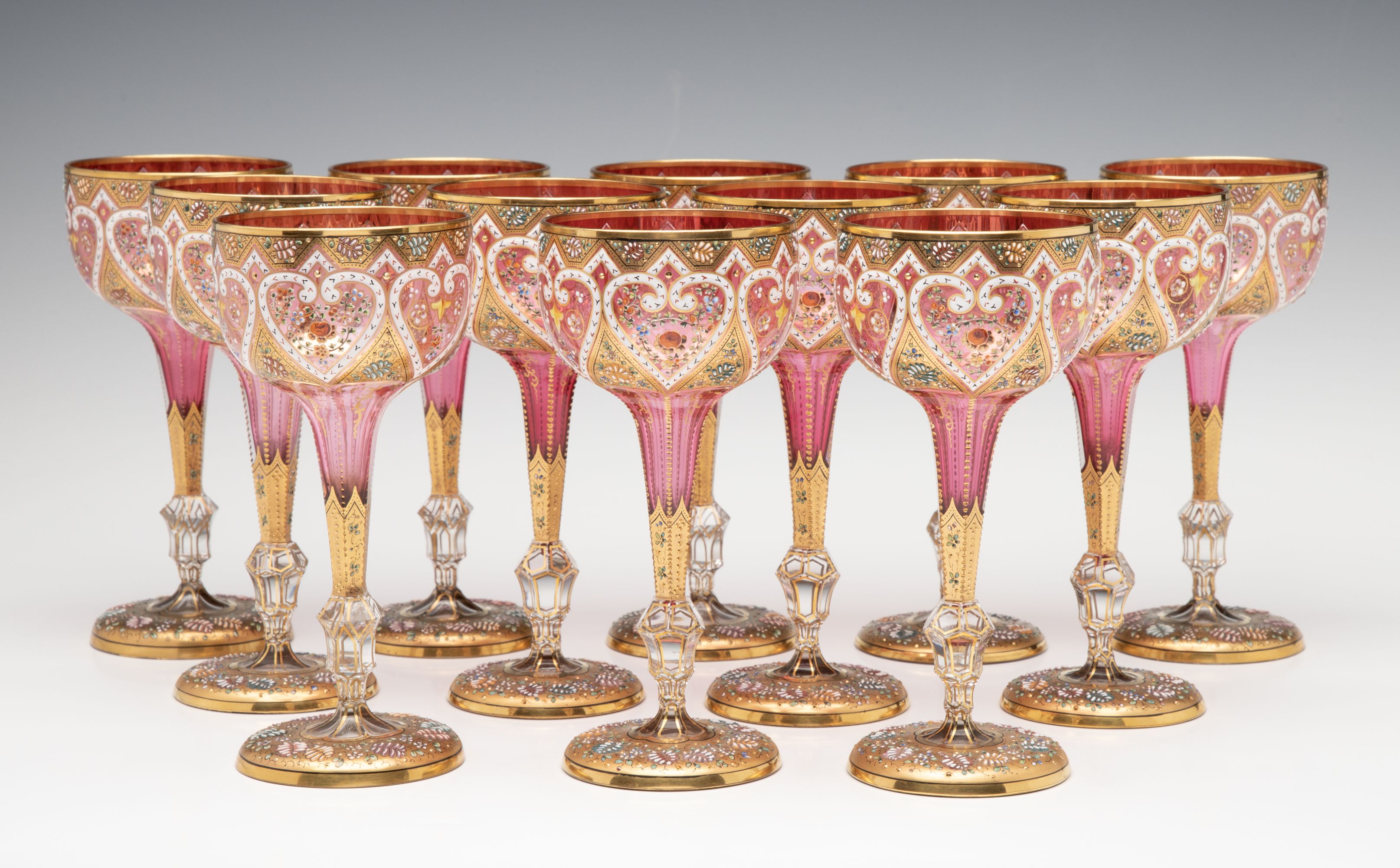 TWELVE ELEGANT GILDED AND ENAMELED MOSER WINE GOBLETS