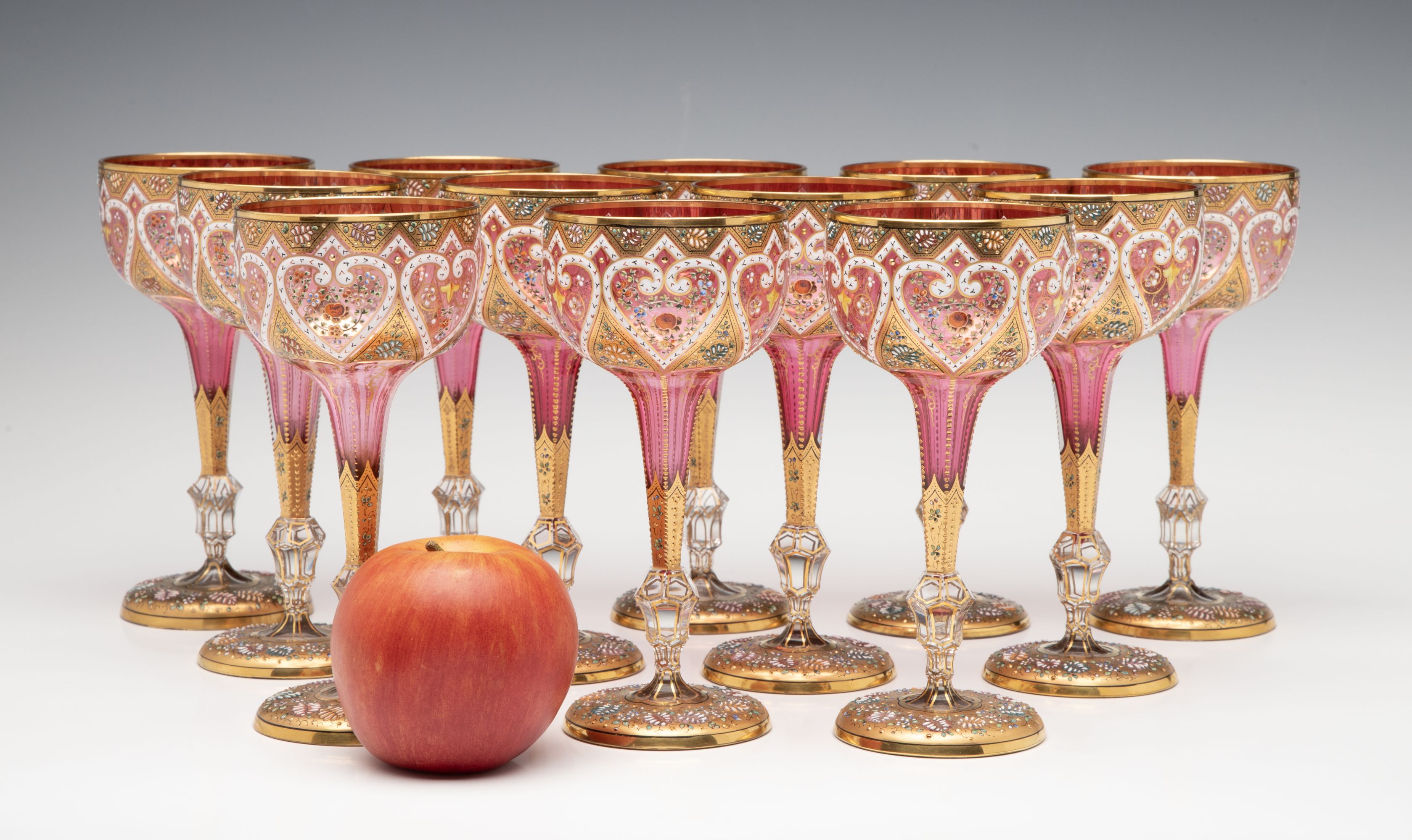 TWELVE ELEGANT GILDED AND ENAMELED MOSER WINE GOBLETS