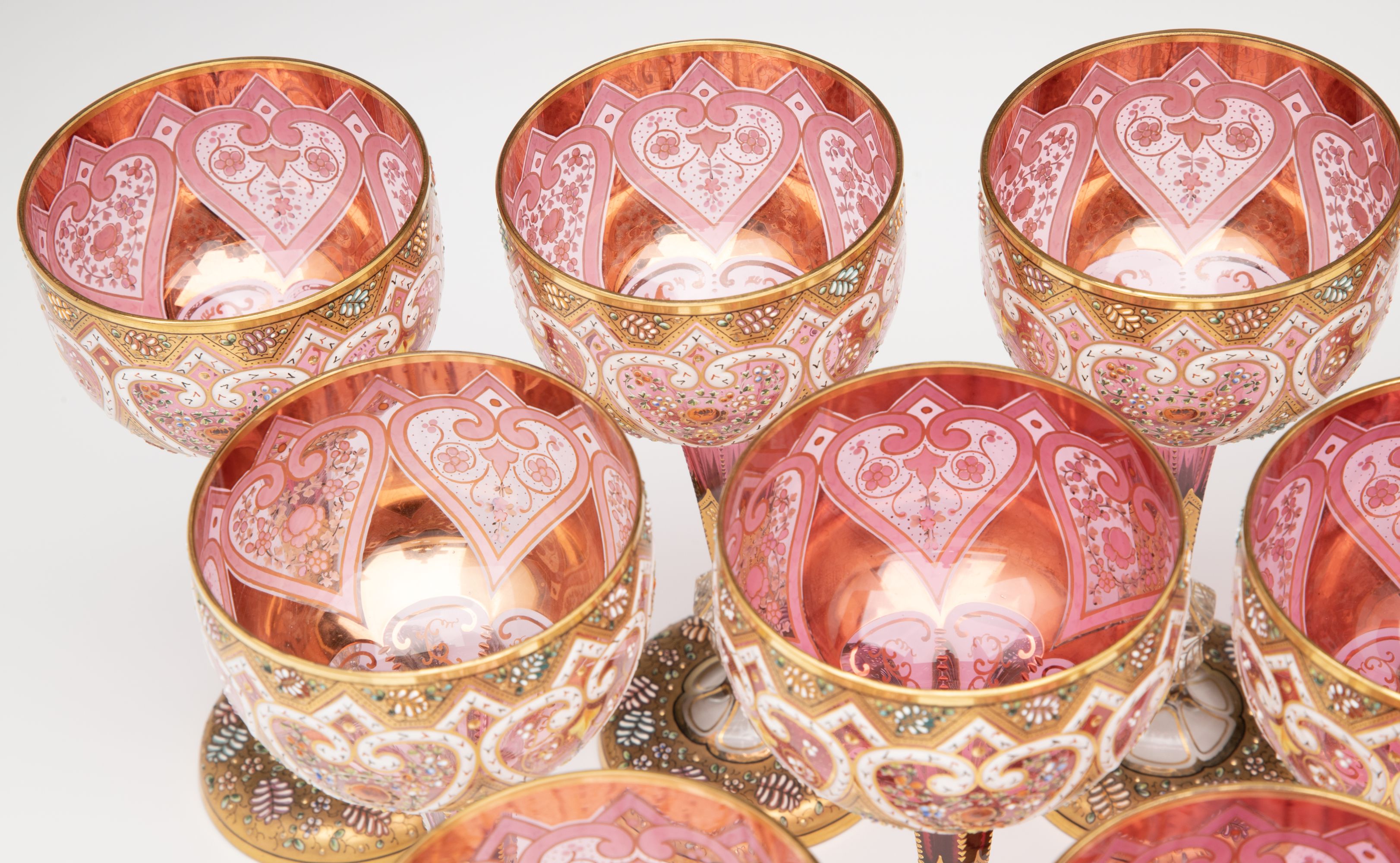 TWELVE ELEGANT GILDED AND ENAMELED MOSER WINE GOBLETS