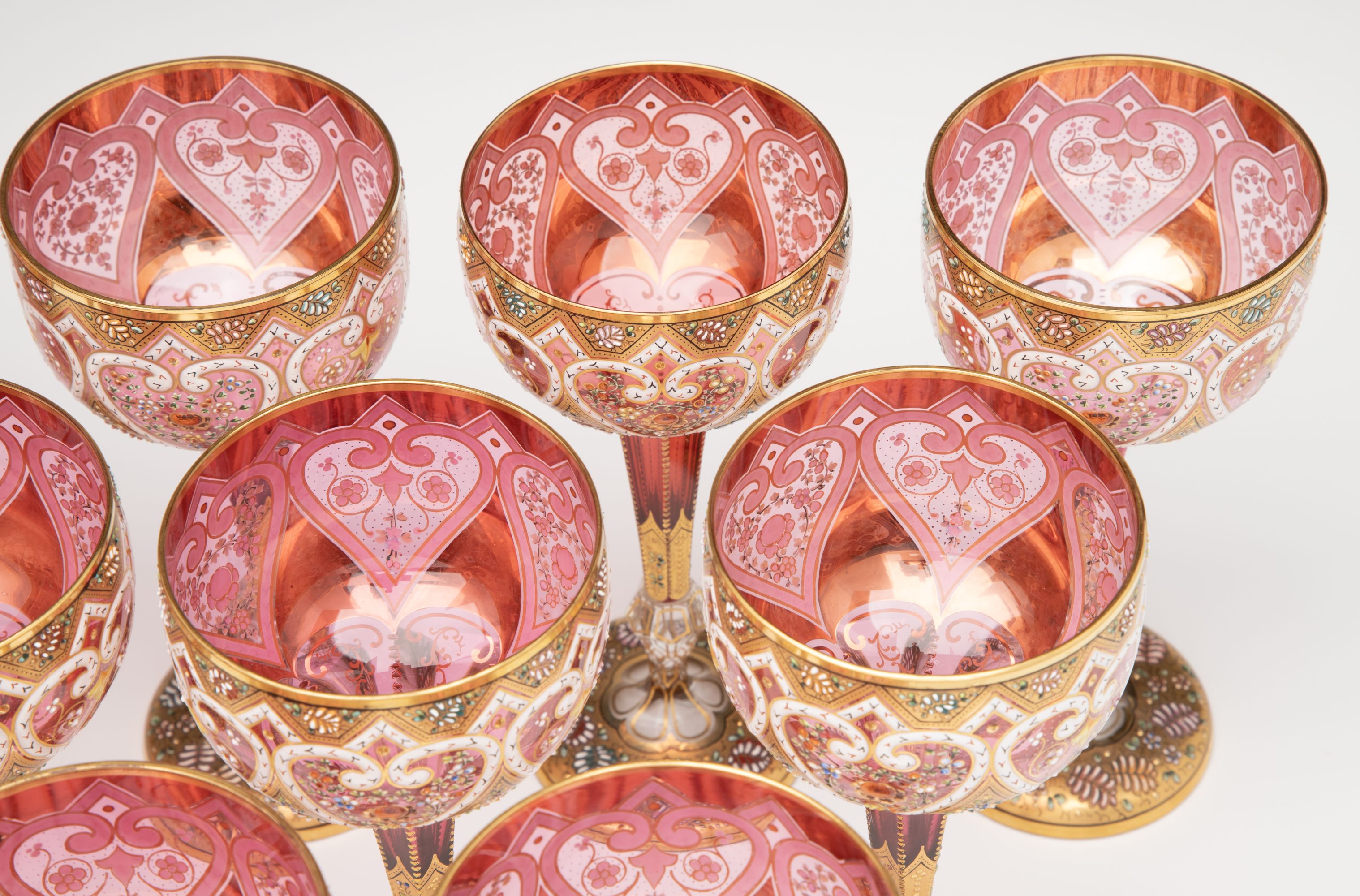 TWELVE ELEGANT GILDED AND ENAMELED MOSER WINE GOBLETS