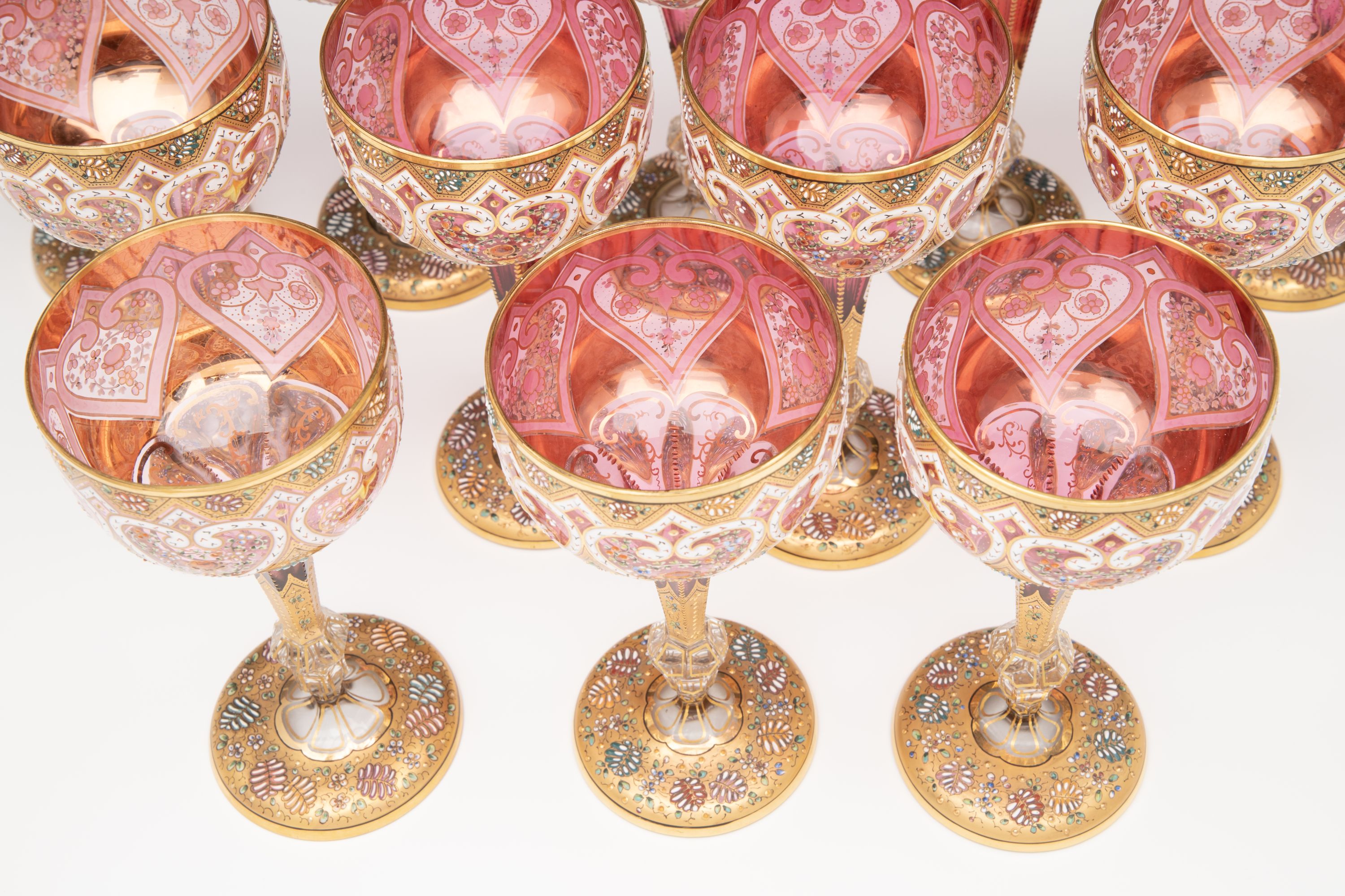 TWELVE ELEGANT GILDED AND ENAMELED MOSER WINE GOBLETS