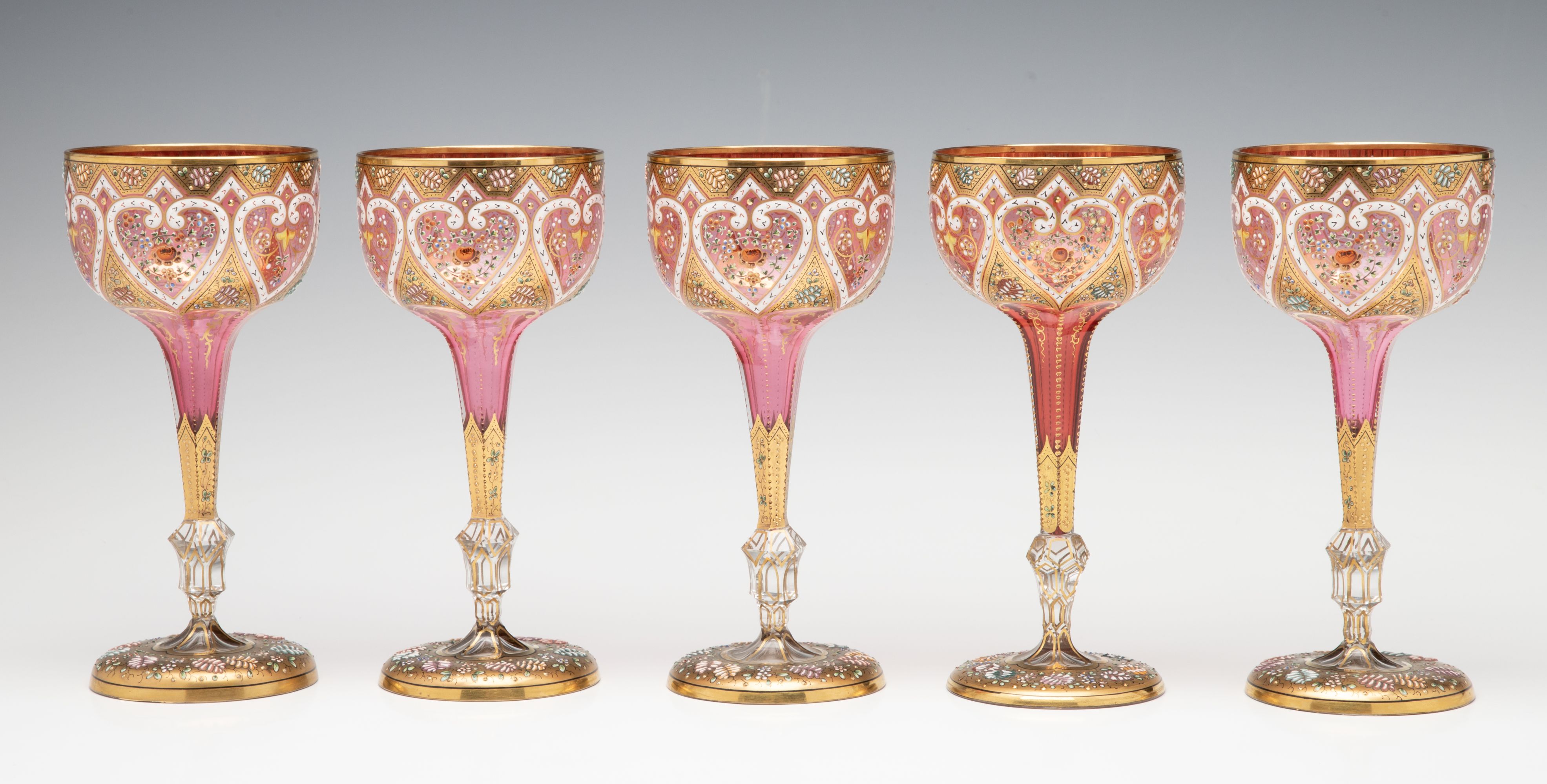 TWELVE ELEGANT GILDED AND ENAMELED MOSER WINE GOBLETS