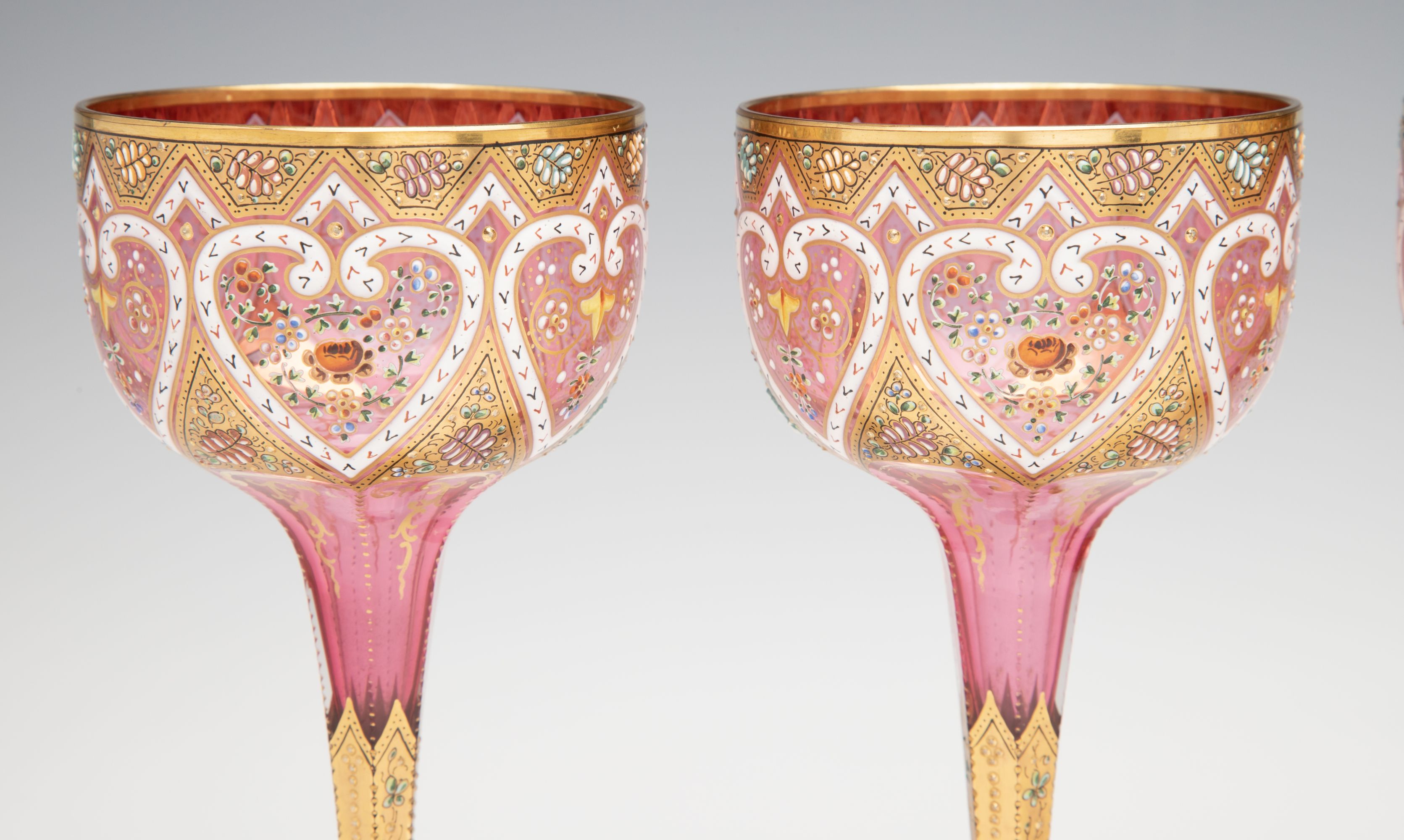 TWELVE ELEGANT GILDED AND ENAMELED MOSER WINE GOBLETS