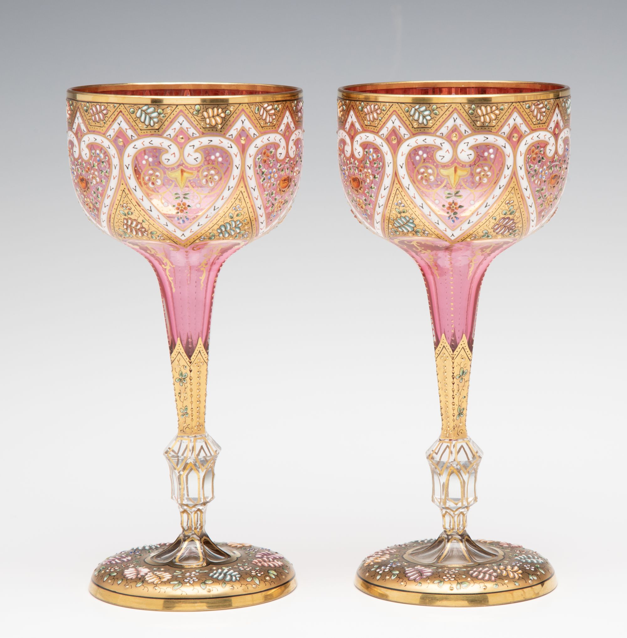 TWELVE ELEGANT GILDED AND ENAMELED MOSER WINE GOBLETS