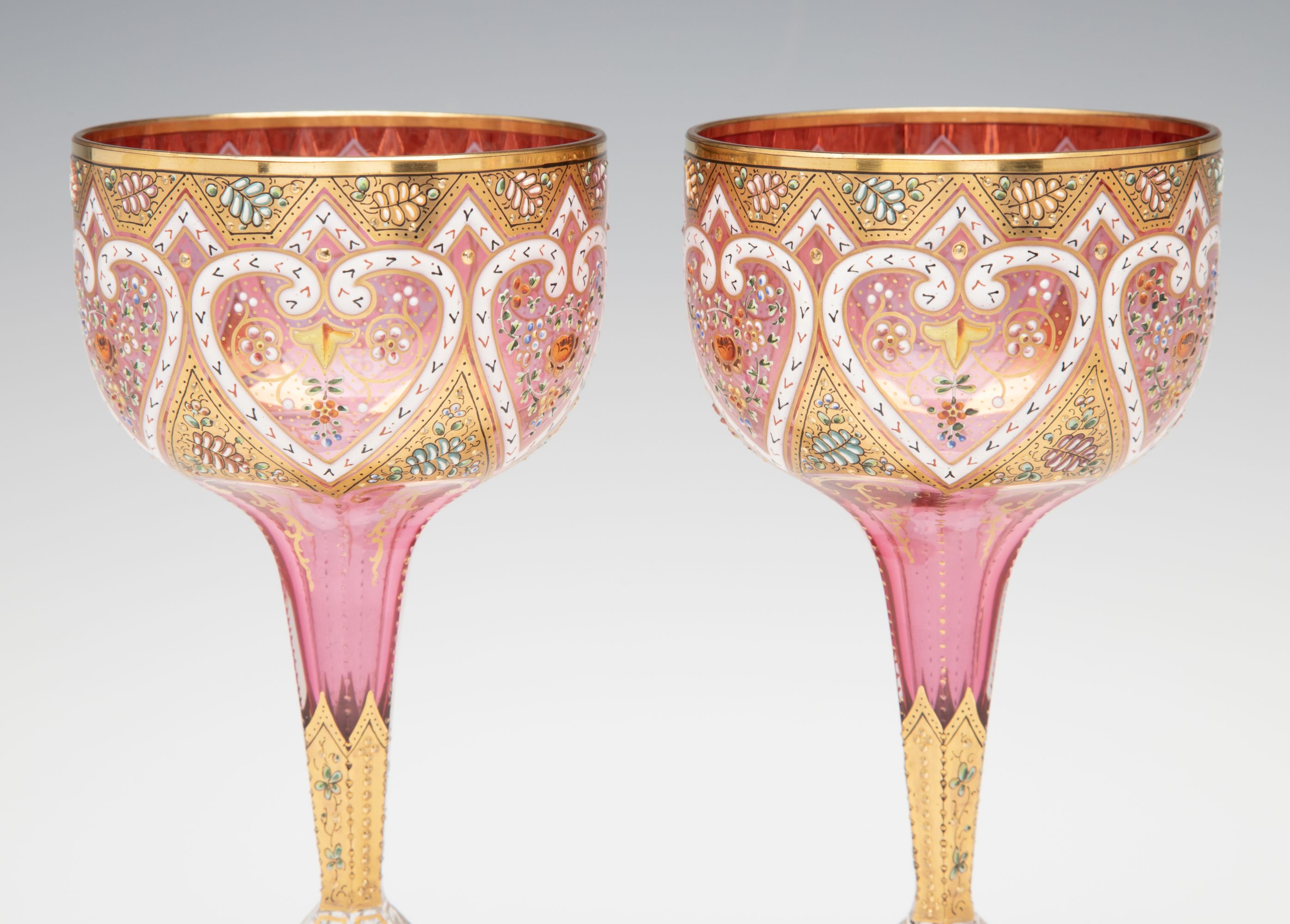 TWELVE ELEGANT GILDED AND ENAMELED MOSER WINE GOBLETS