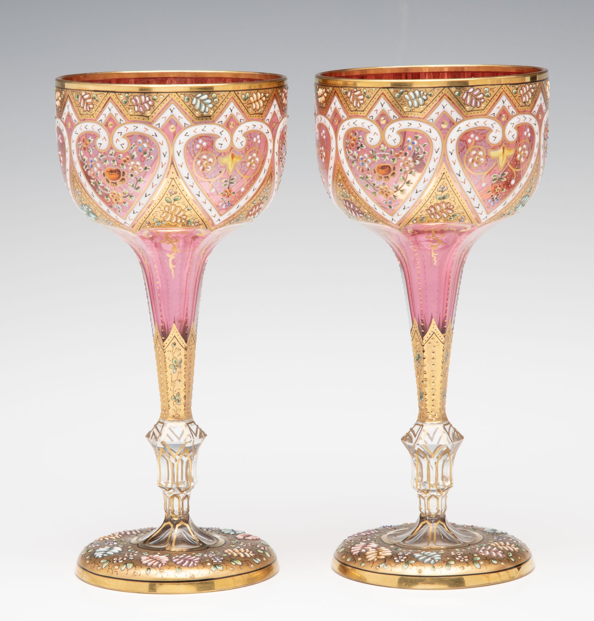 TWELVE ELEGANT GILDED AND ENAMELED MOSER WINE GOBLETS