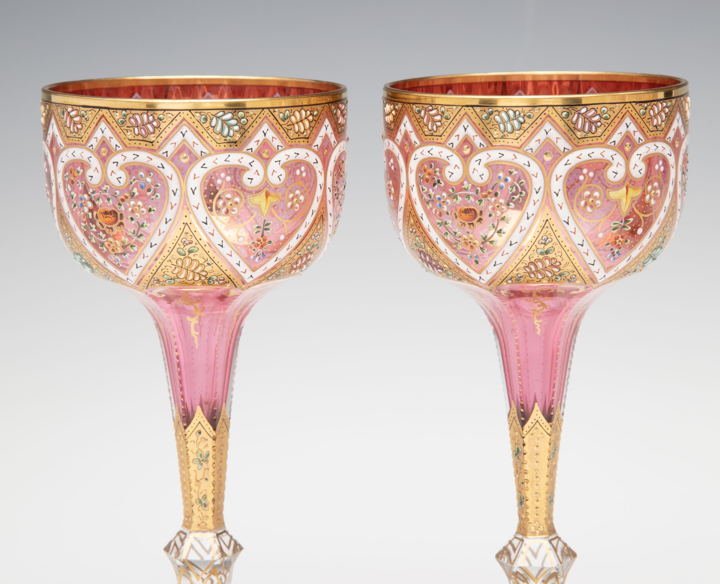 TWELVE ELEGANT GILDED AND ENAMELED MOSER WINE GOBLETS