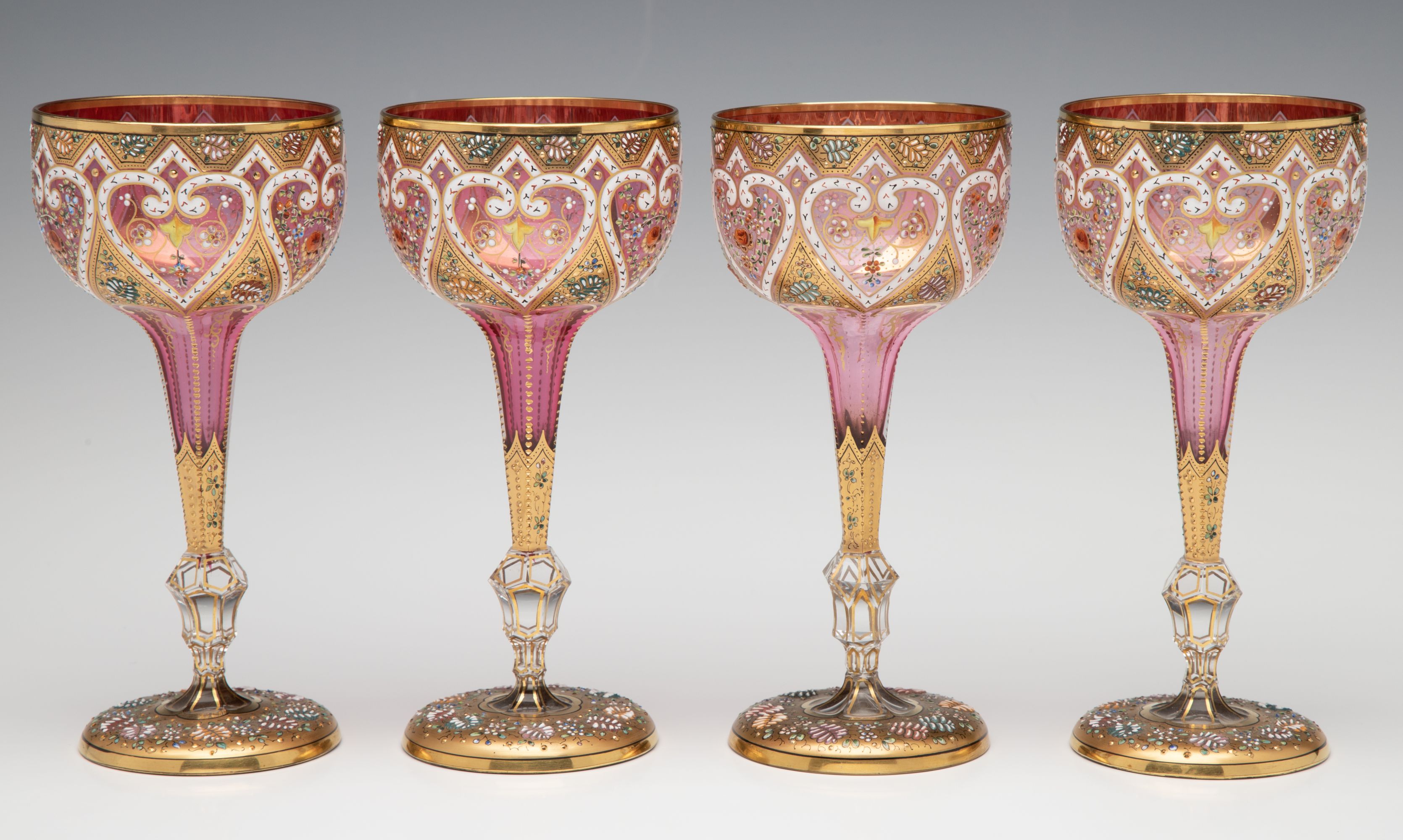 TWELVE ELEGANT GILDED AND ENAMELED MOSER WINE GOBLETS