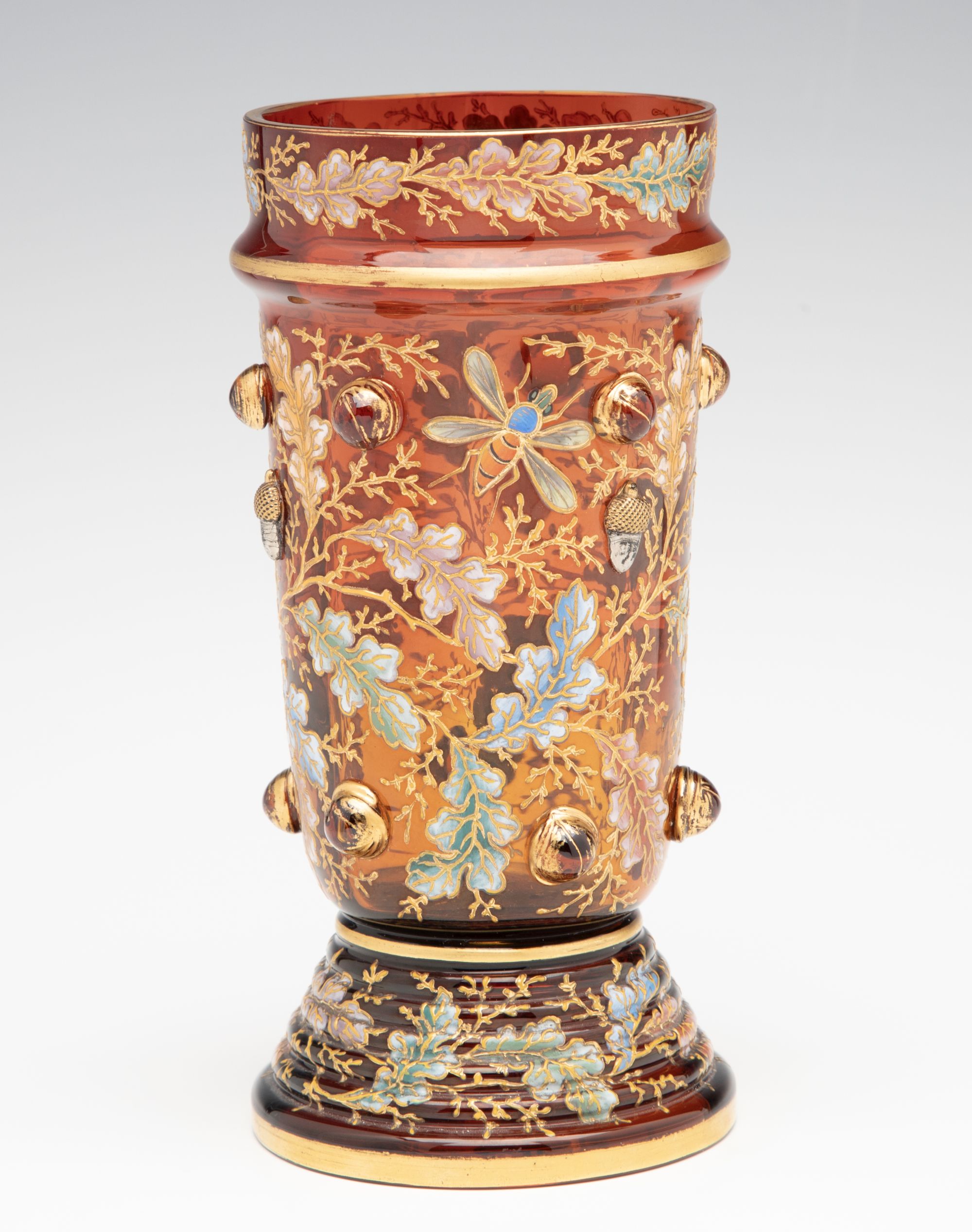 A FINE MOSER AMBERINA VASE WITH ACORNS AND CABOCHONS