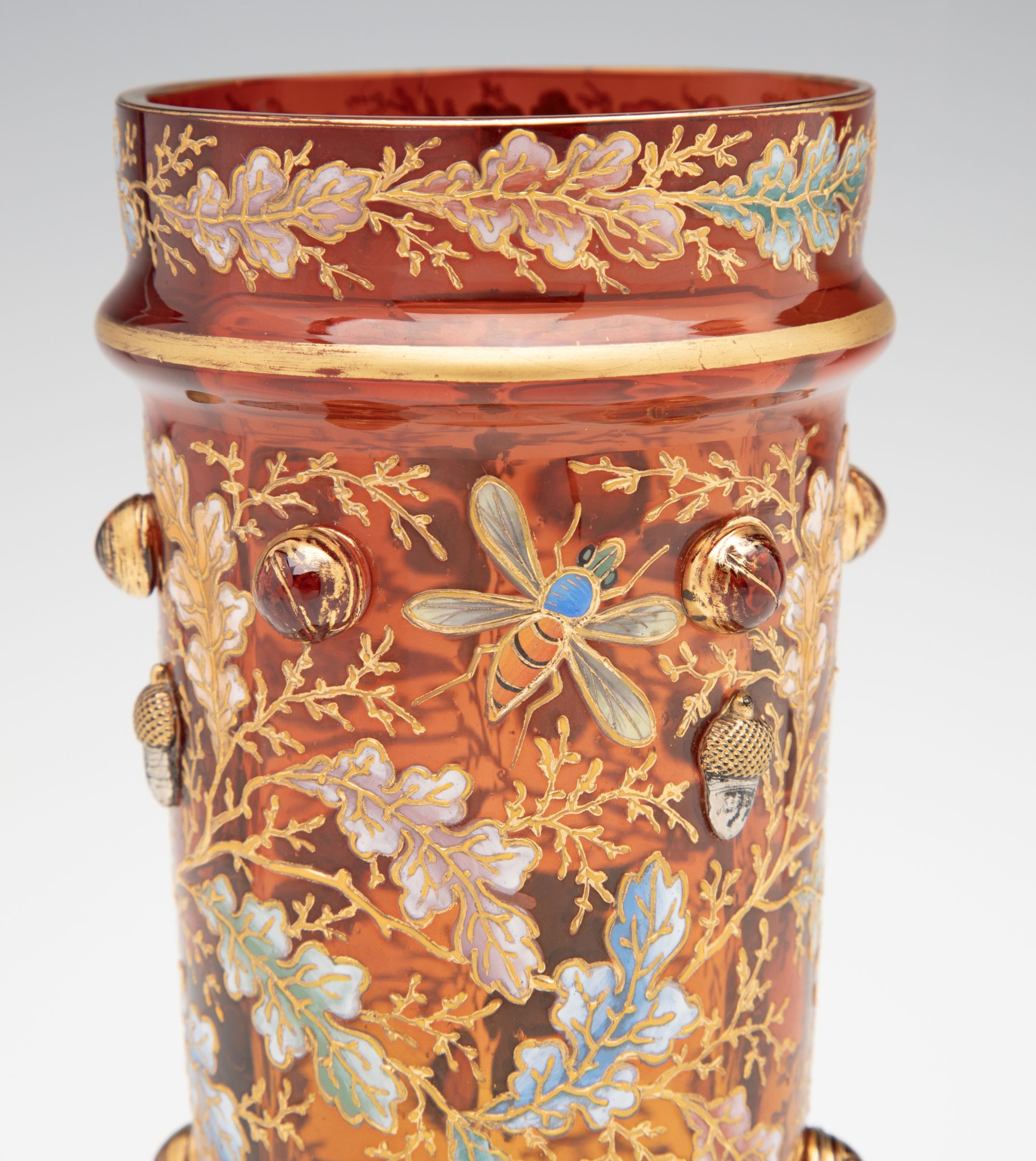 A FINE MOSER AMBERINA VASE WITH ACORNS AND CABOCHONS