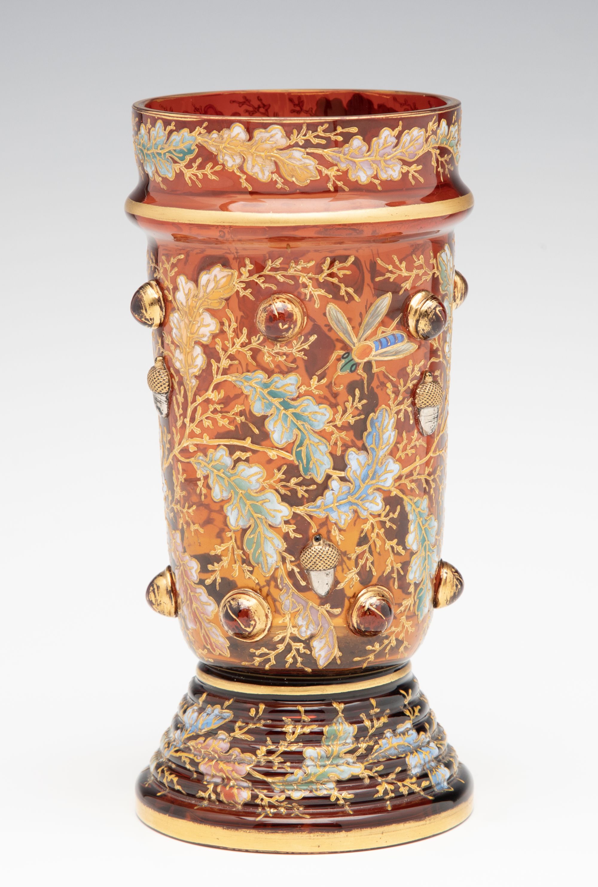 A FINE MOSER AMBERINA VASE WITH ACORNS AND CABOCHONS