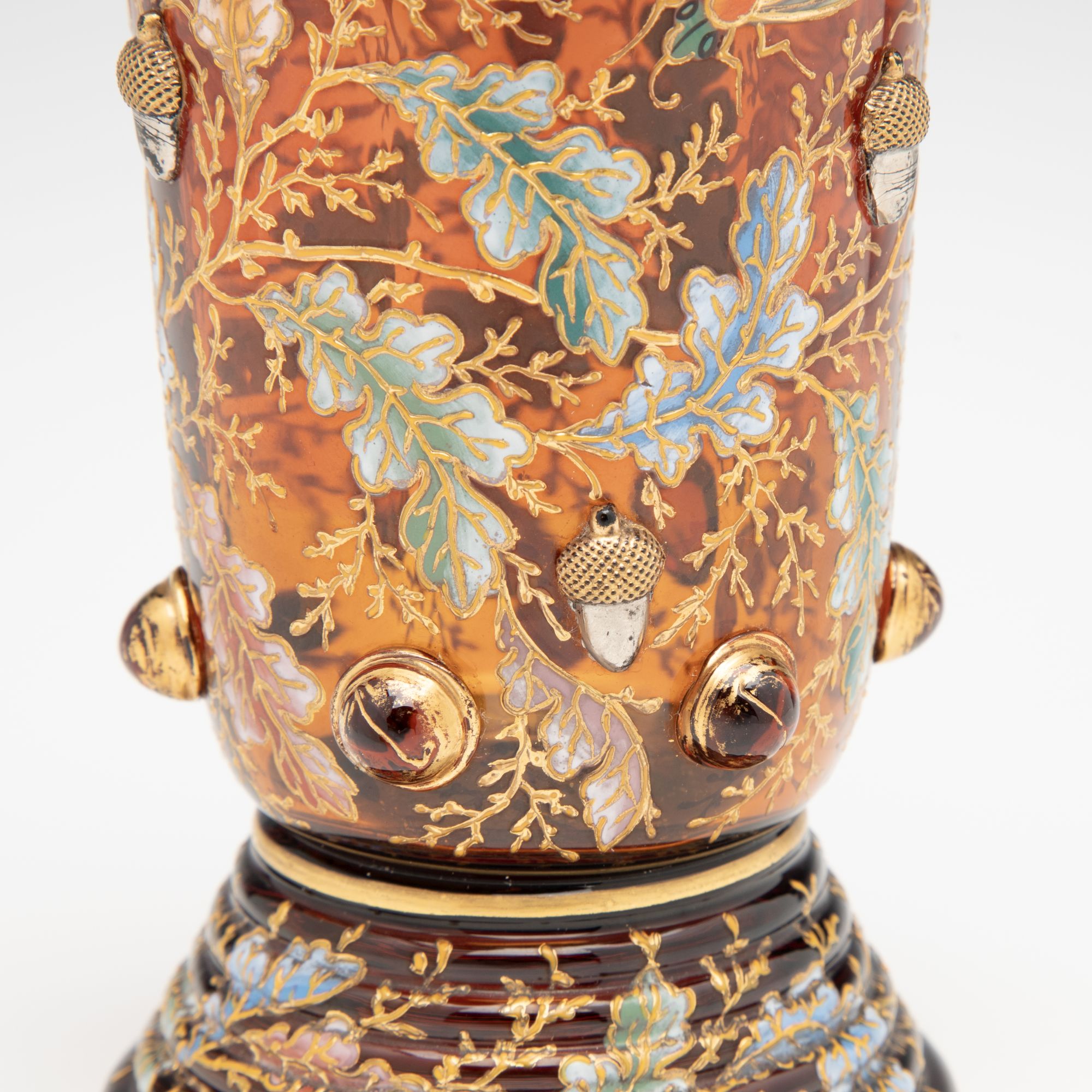 A FINE MOSER AMBERINA VASE WITH ACORNS AND CABOCHONS