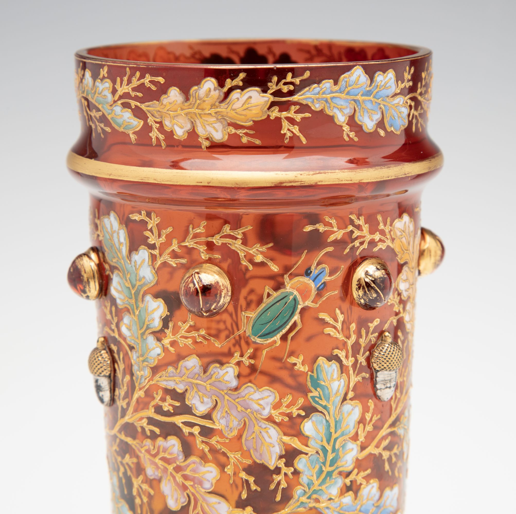 A FINE MOSER AMBERINA VASE WITH ACORNS AND CABOCHONS