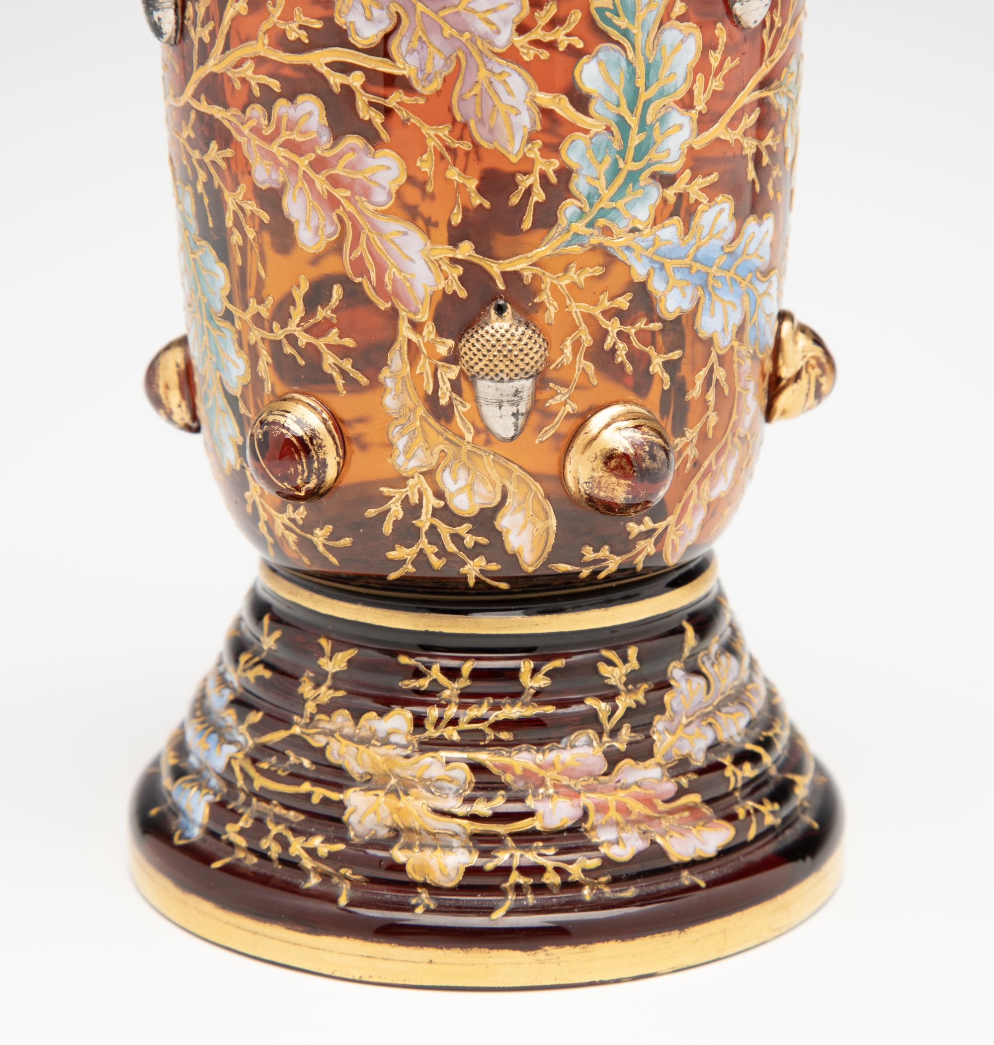 A FINE MOSER AMBERINA VASE WITH ACORNS AND CABOCHONS