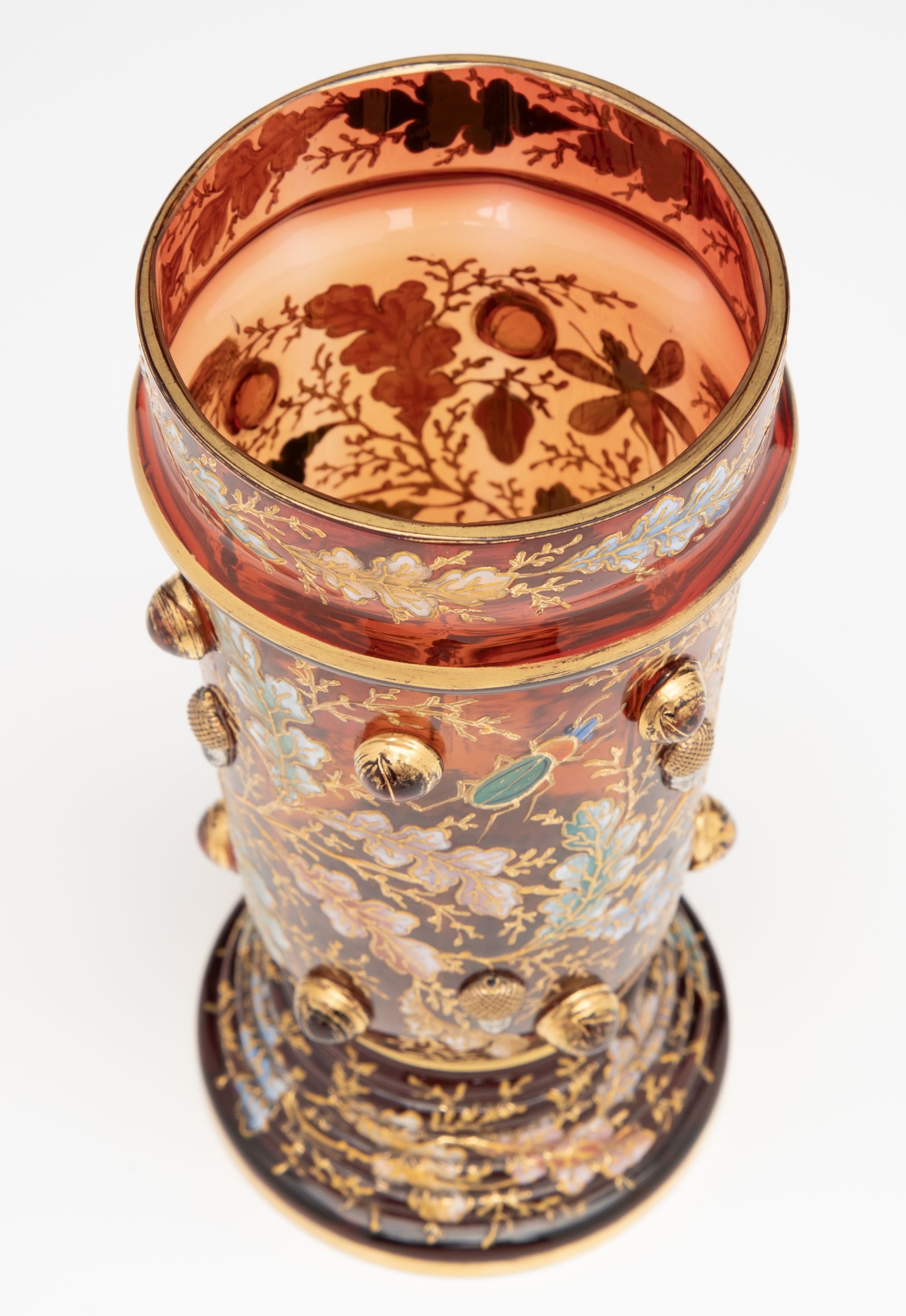 A FINE MOSER AMBERINA VASE WITH ACORNS AND CABOCHONS