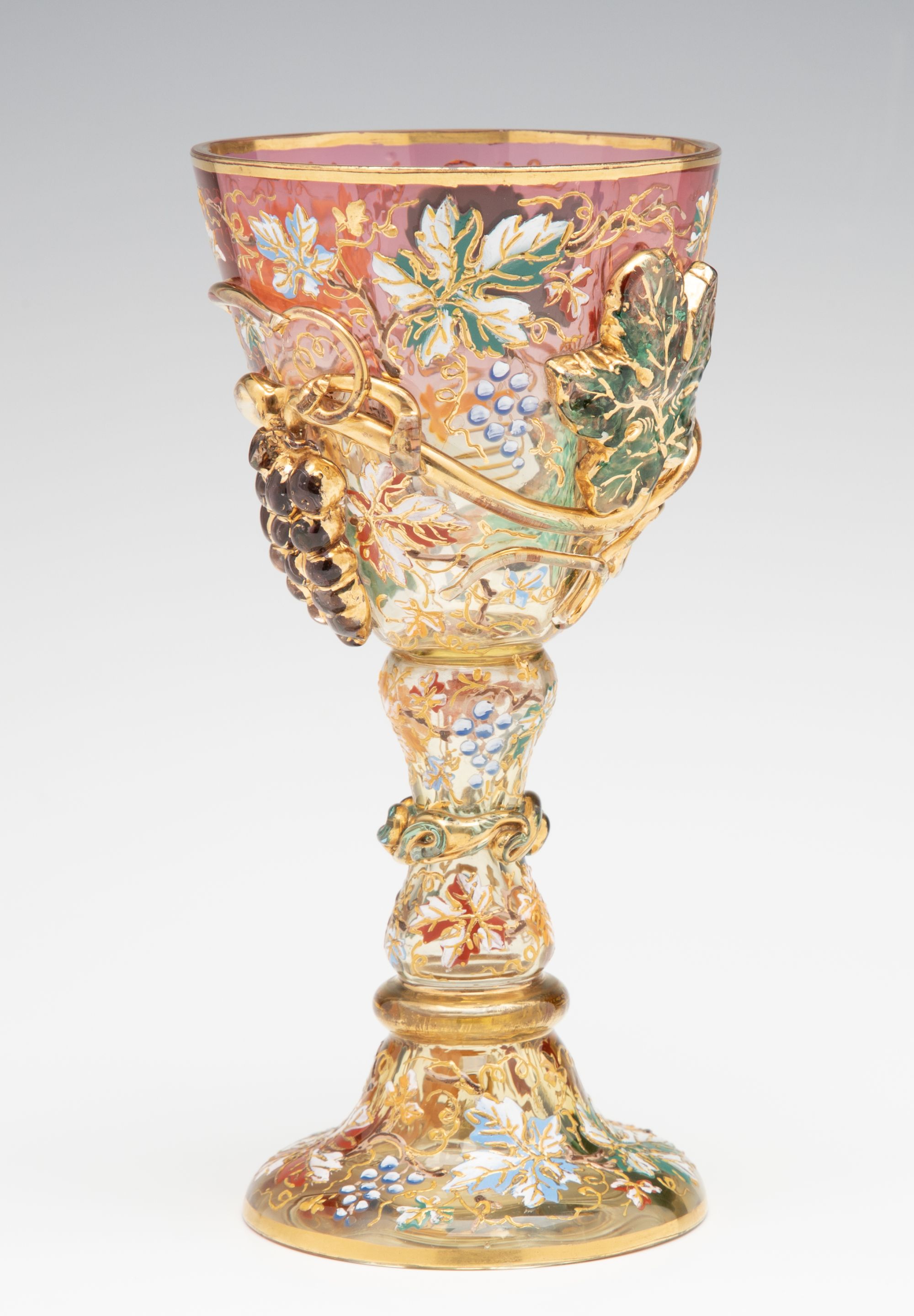 A MOSER SHADED PINK GOBLET WITH THICK APPLICATIONS