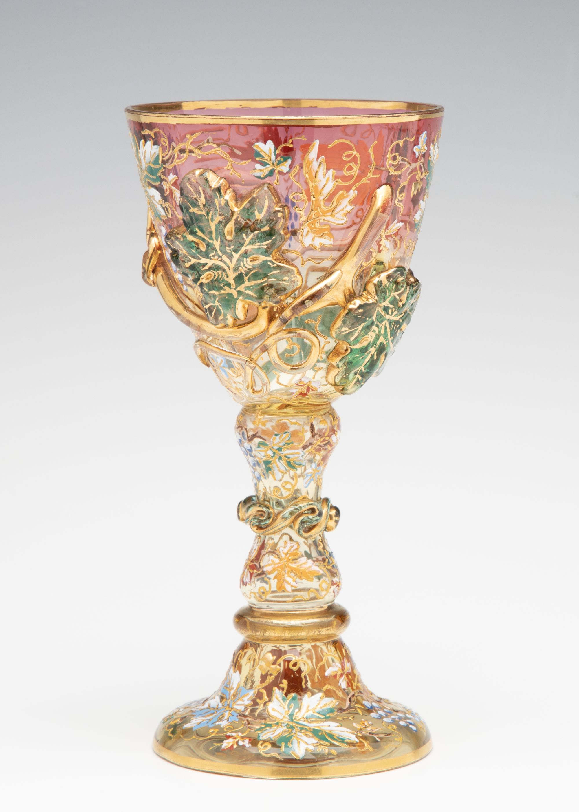 A MOSER SHADED PINK GOBLET WITH THICK APPLICATIONS