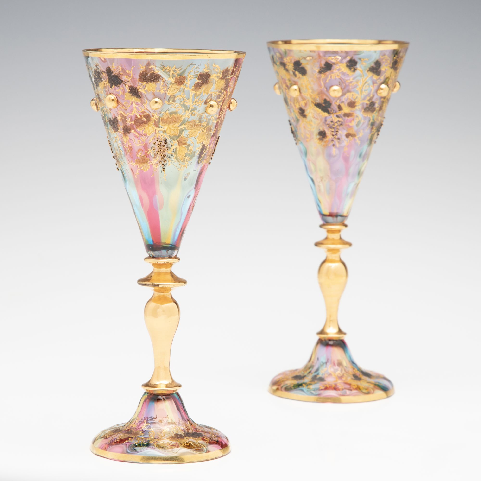 BOHEMIAN RAINBOW GLASS GOBLETS WITH APPLIED ORNAMENT