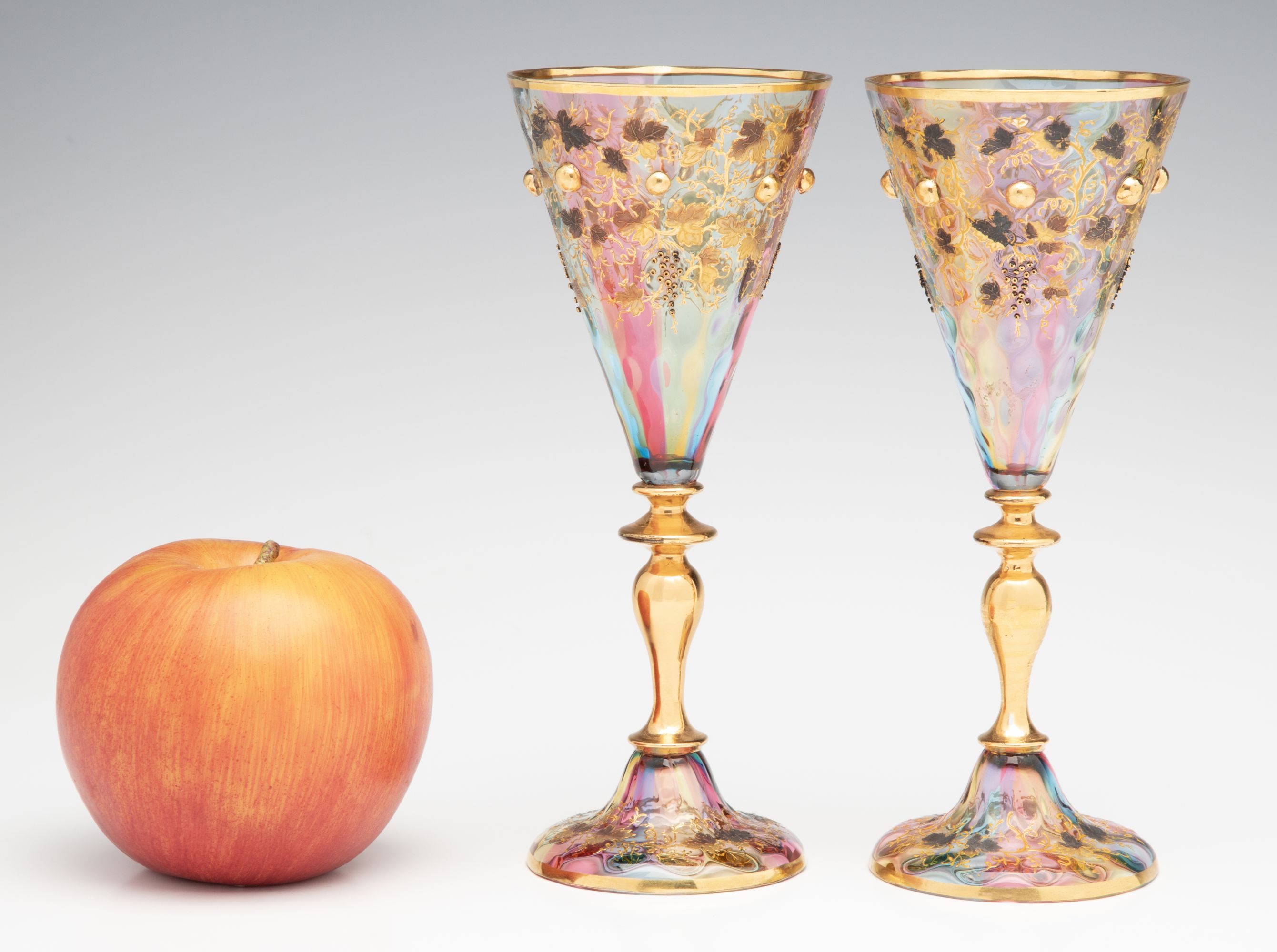 BOHEMIAN RAINBOW GLASS GOBLETS WITH APPLIED ORNAMENT