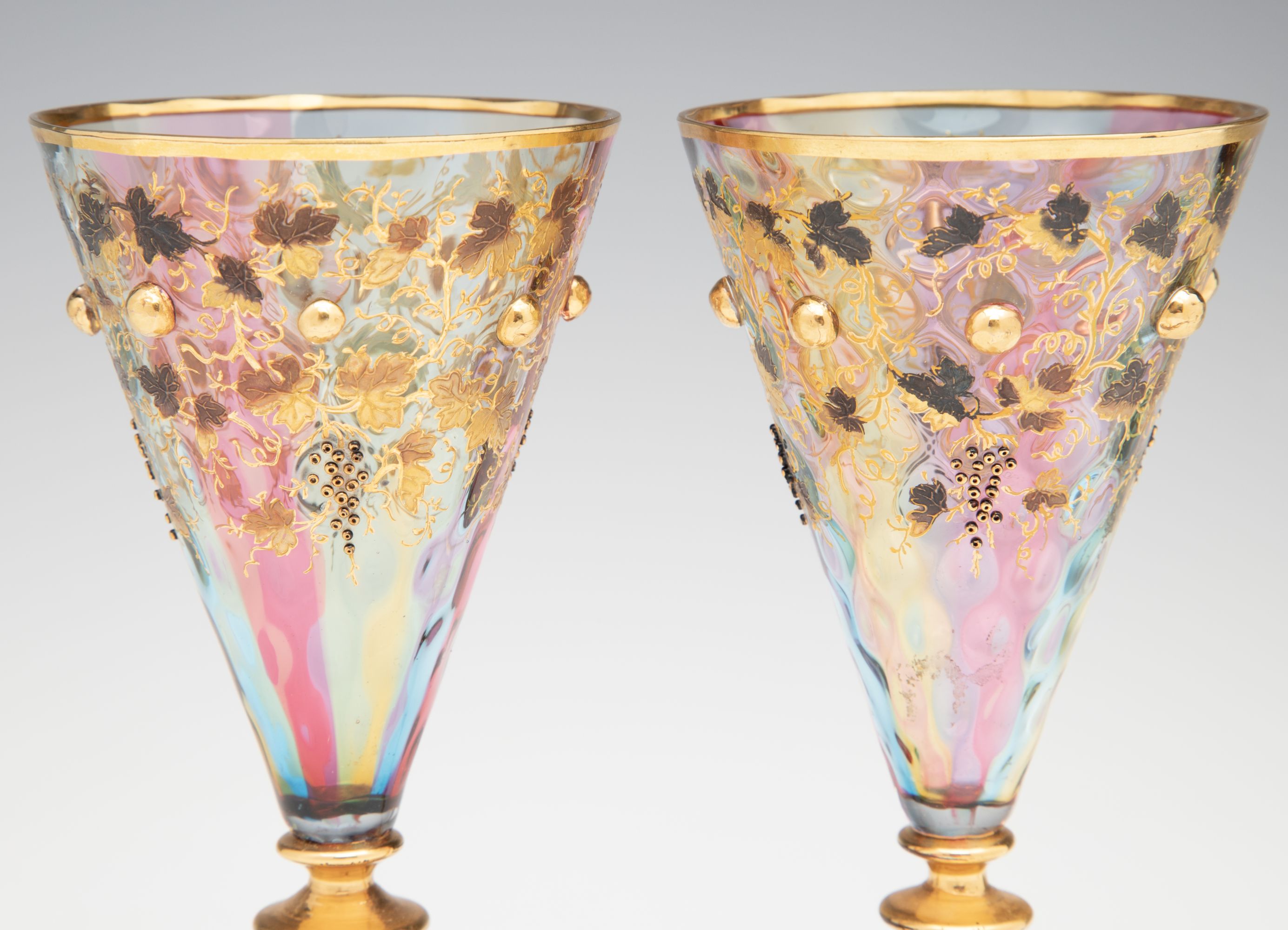 BOHEMIAN RAINBOW GLASS GOBLETS WITH APPLIED ORNAMENT