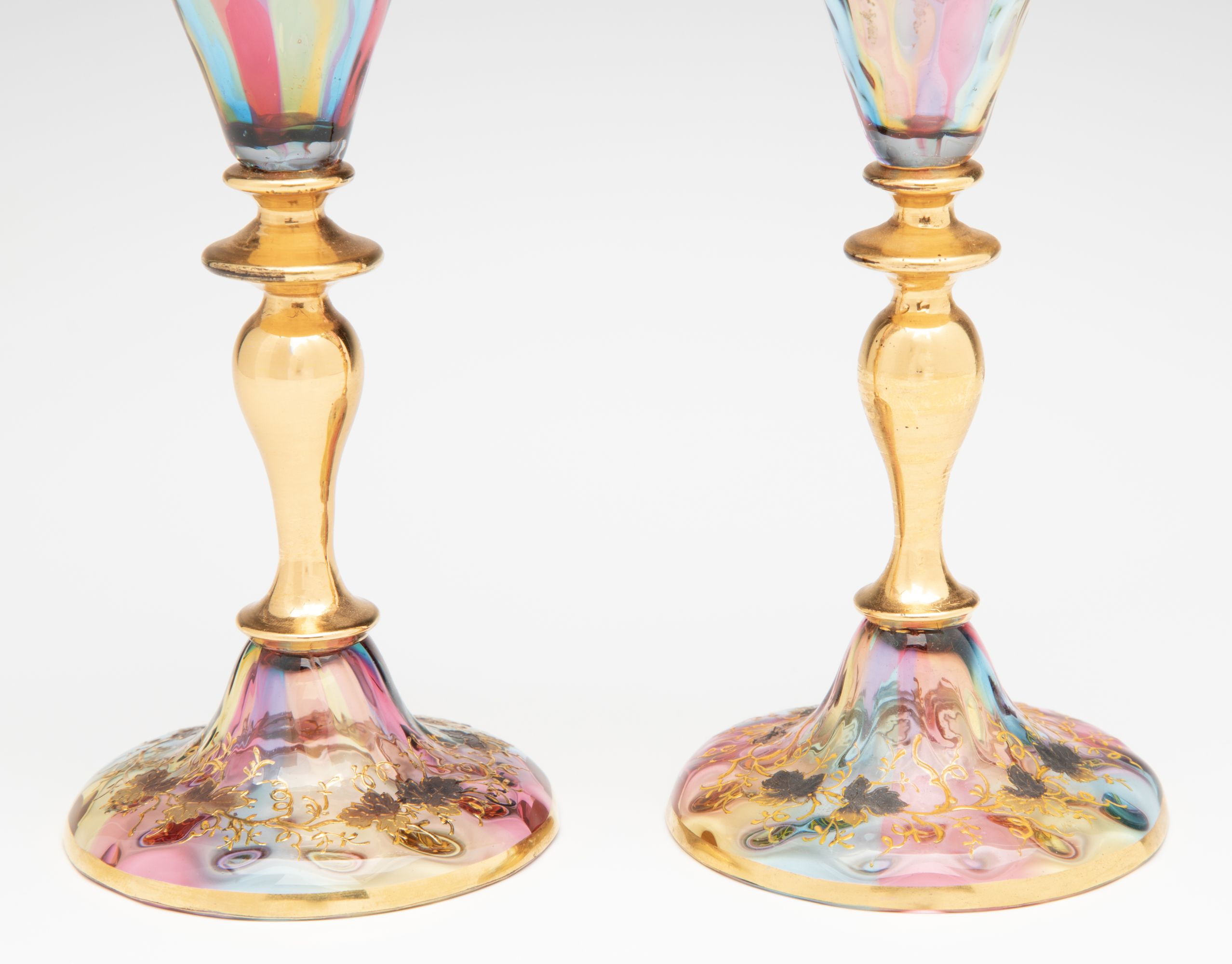 BOHEMIAN RAINBOW GLASS GOBLETS WITH APPLIED ORNAMENT