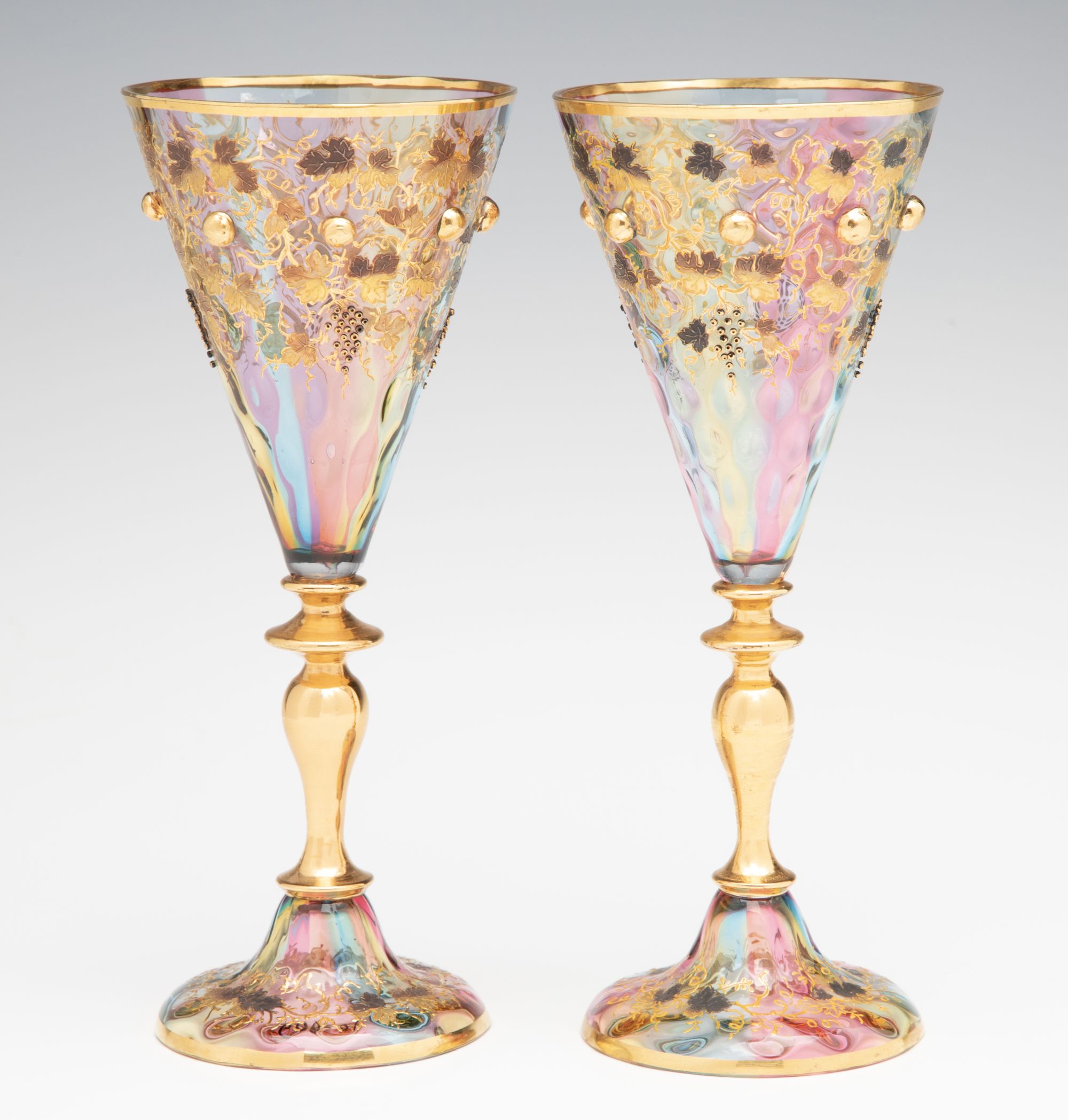 BOHEMIAN RAINBOW GLASS GOBLETS WITH APPLIED ORNAMENT