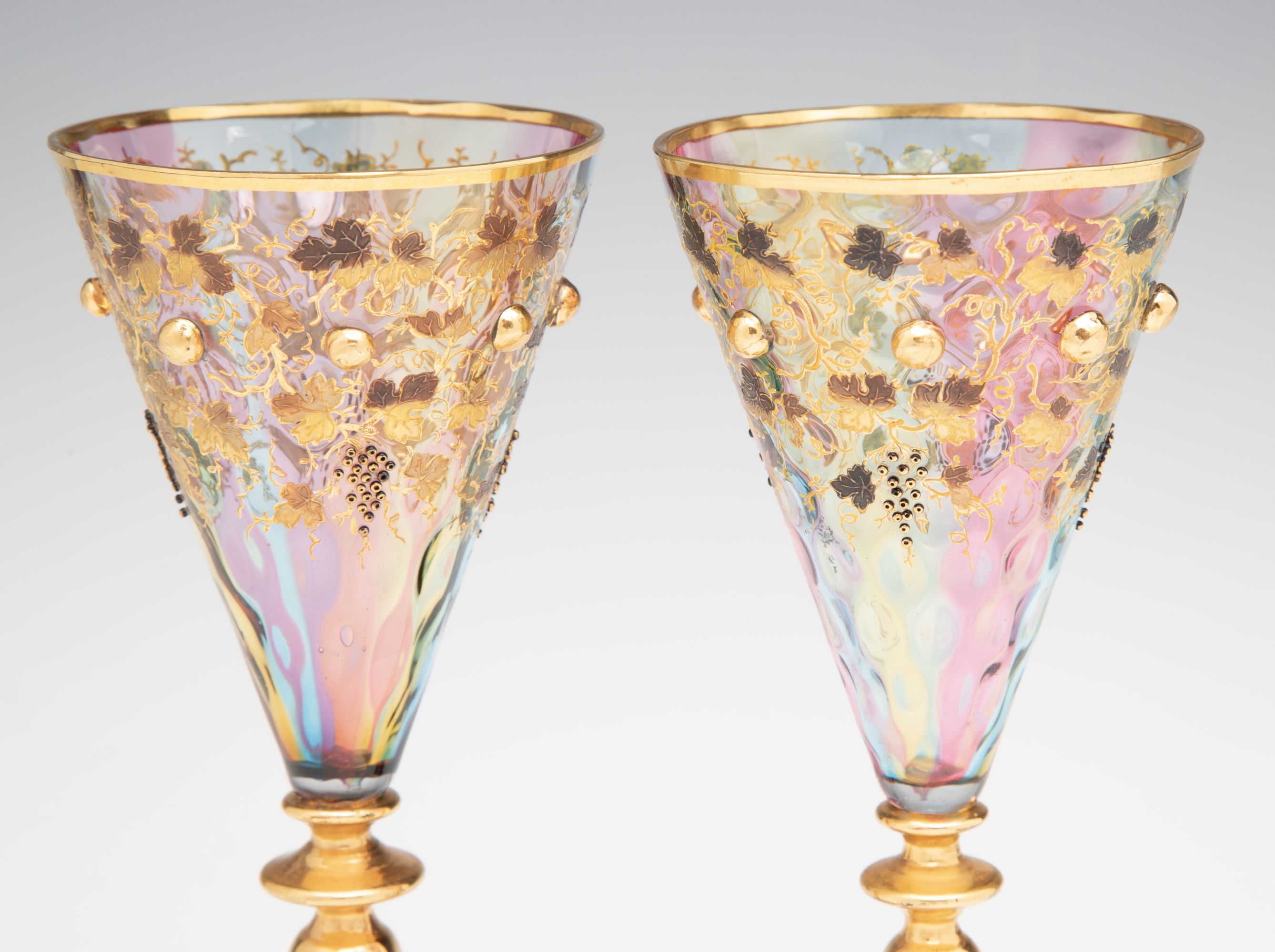 BOHEMIAN RAINBOW GLASS GOBLETS WITH APPLIED ORNAMENT