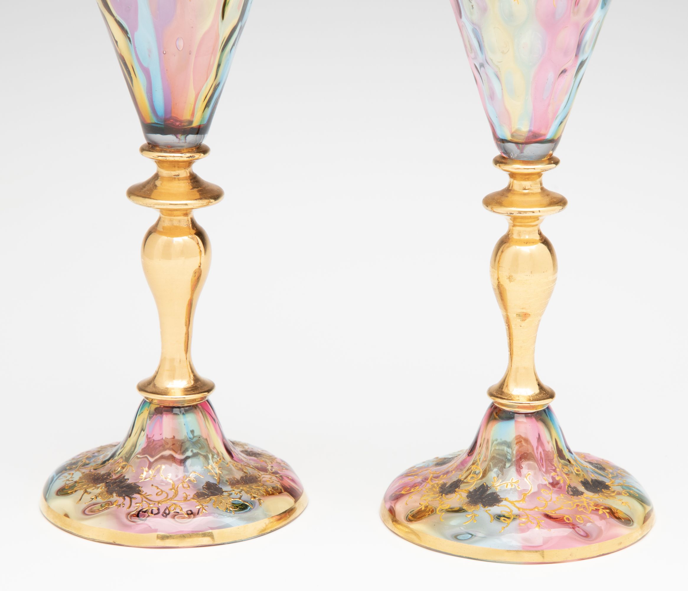 BOHEMIAN RAINBOW GLASS GOBLETS WITH APPLIED ORNAMENT