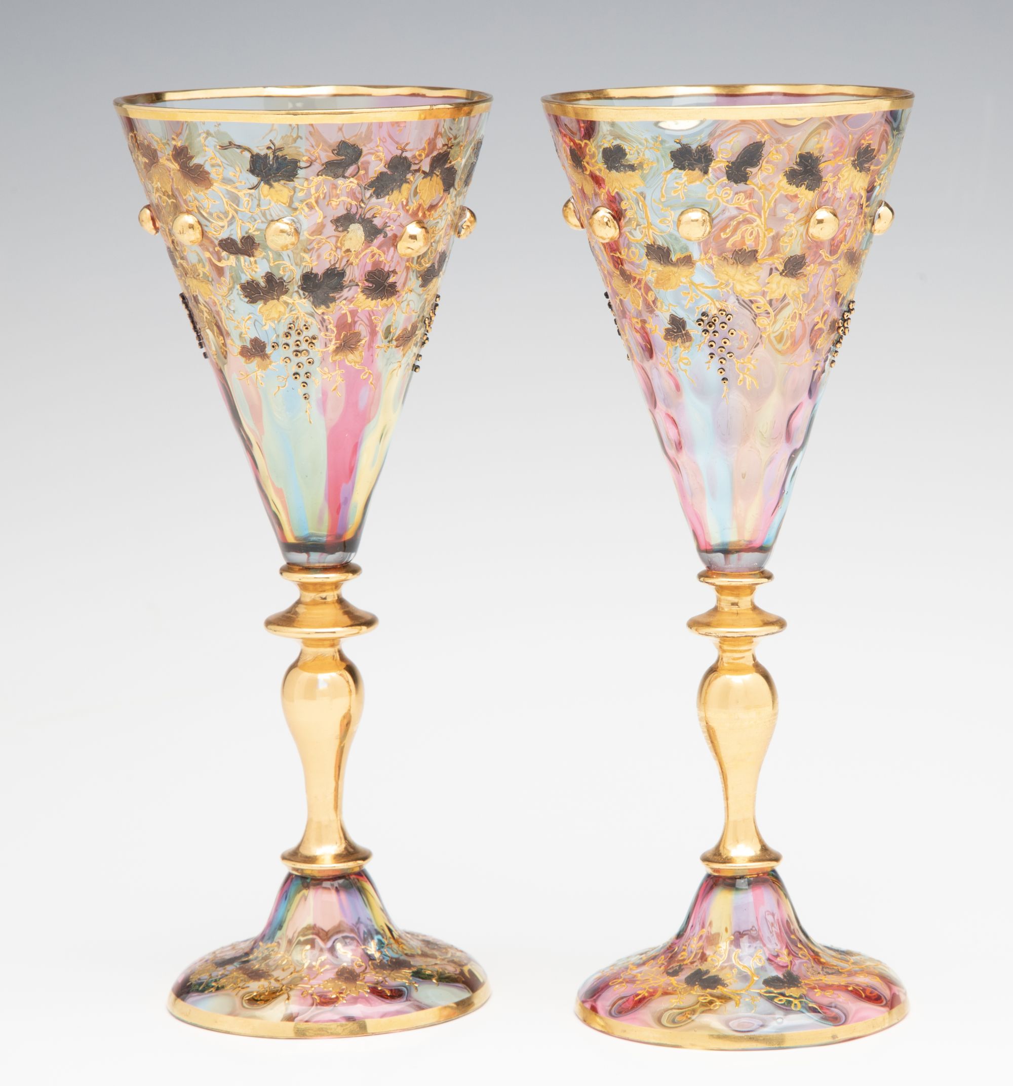 BOHEMIAN RAINBOW GLASS GOBLETS WITH APPLIED ORNAMENT