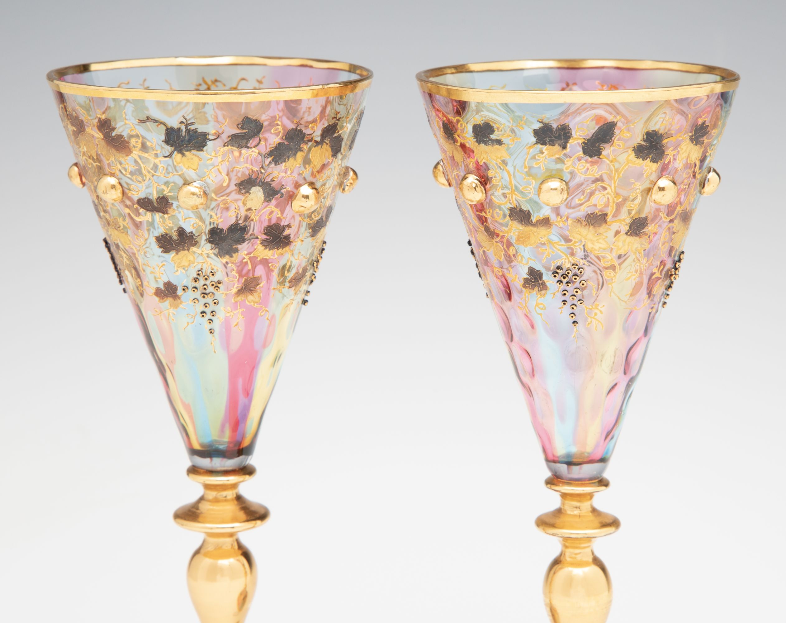 BOHEMIAN RAINBOW GLASS GOBLETS WITH APPLIED ORNAMENT