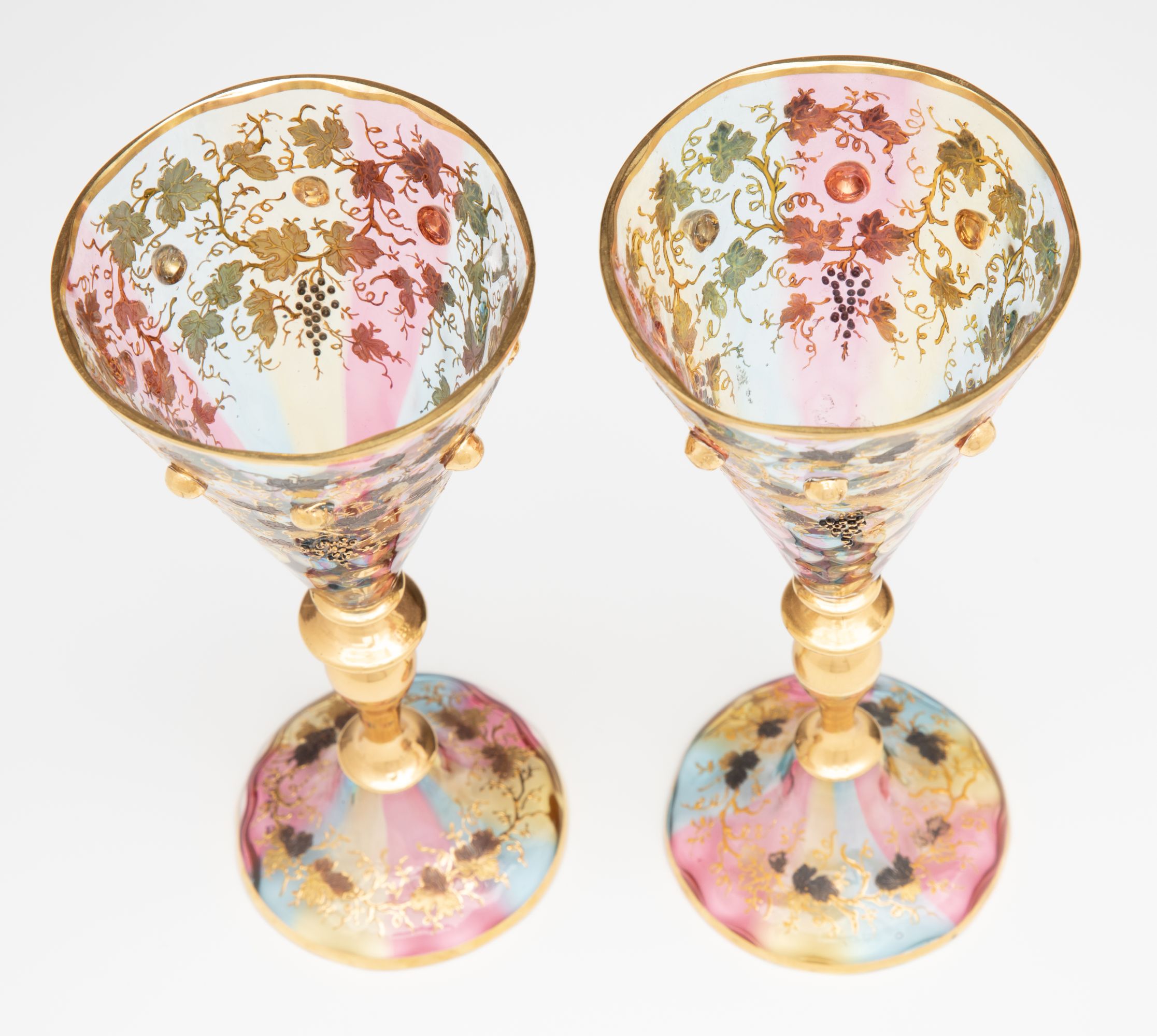 BOHEMIAN RAINBOW GLASS GOBLETS WITH APPLIED ORNAMENT