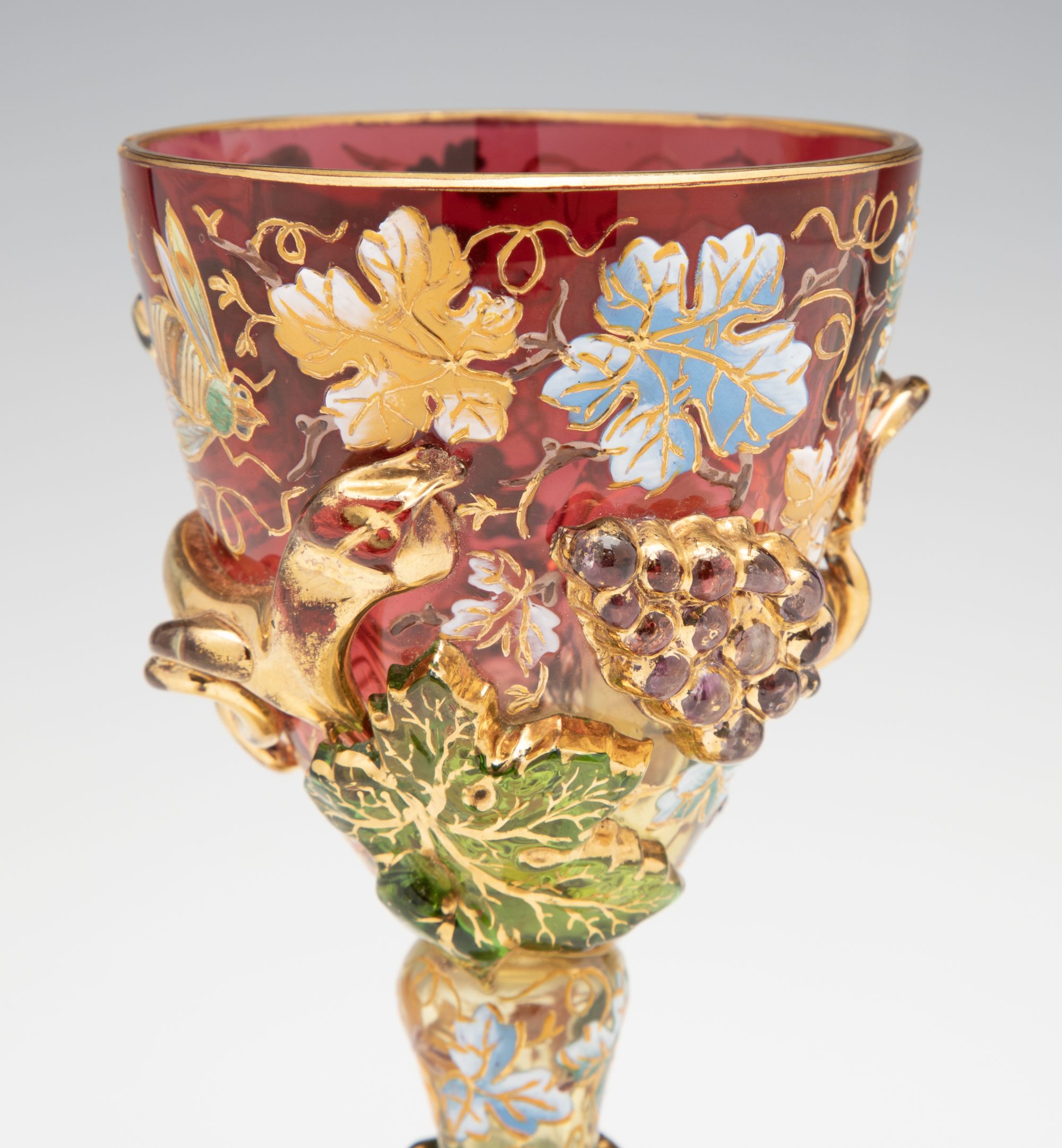 A MOSER CRANBERRY BOWL GOBLET WITH THICK APPLICATIONS