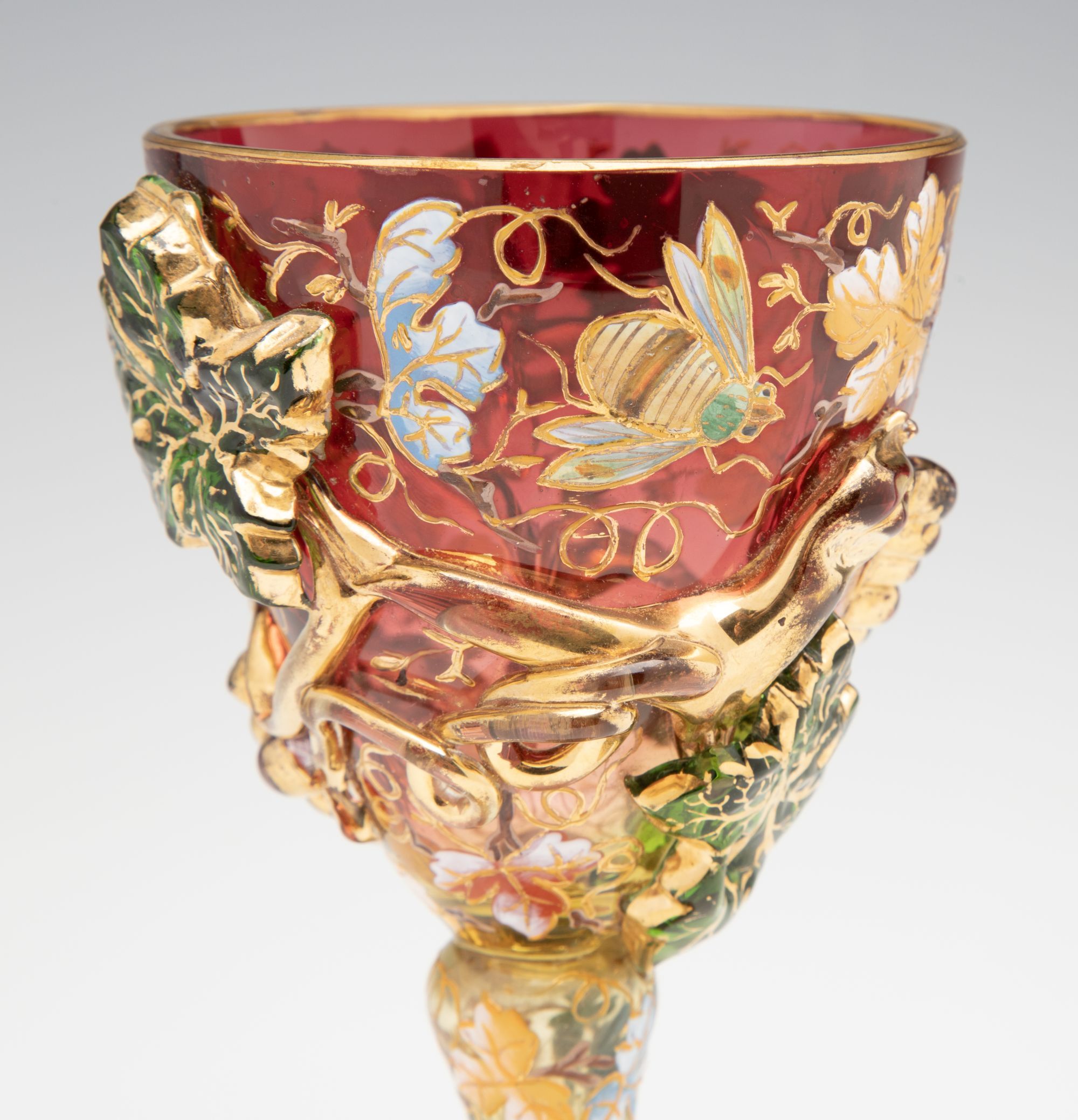 A MOSER CRANBERRY BOWL GOBLET WITH THICK APPLICATIONS