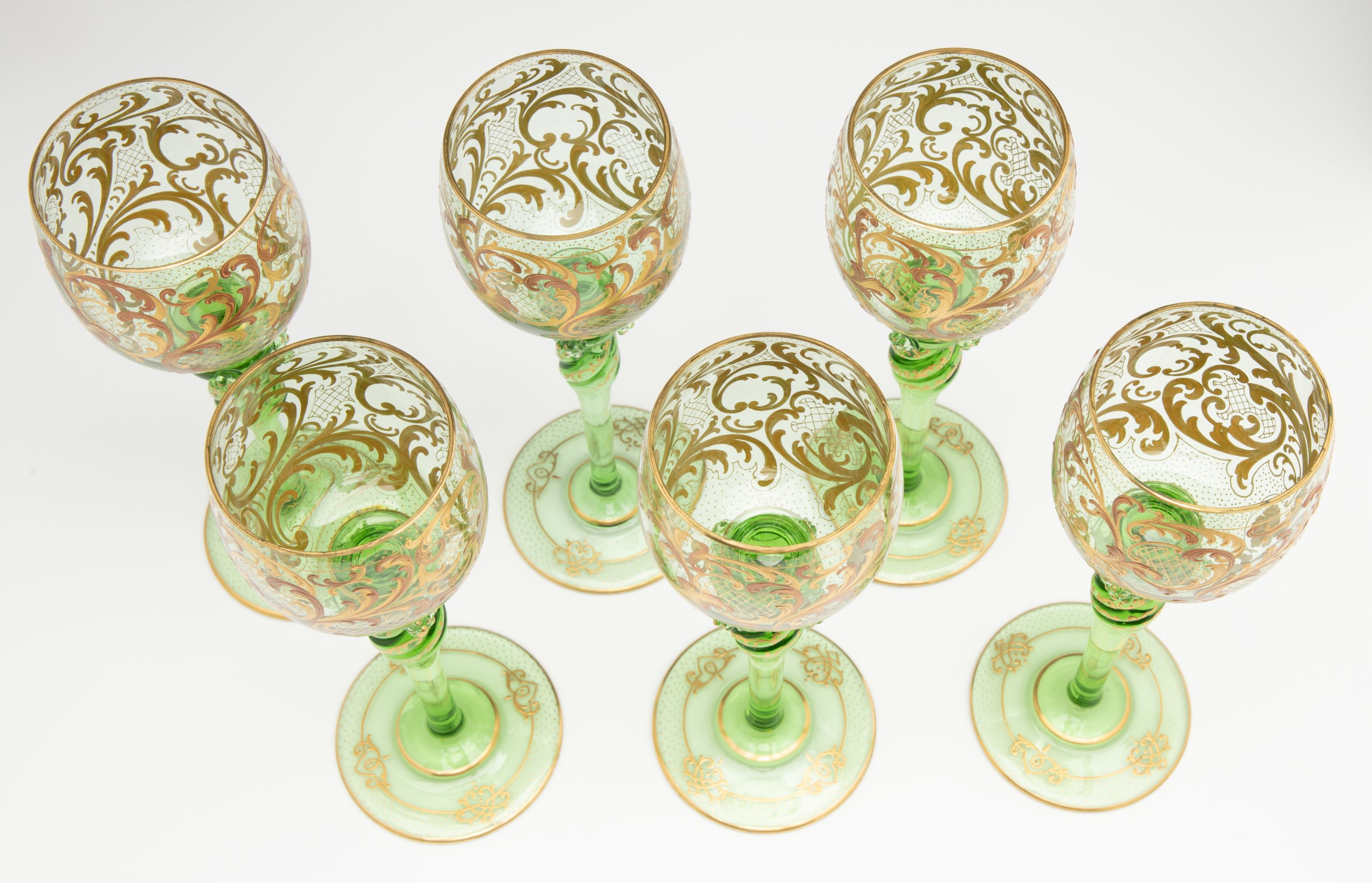 SIX FINE BOHEMIAN GLASS WINES WITH PRUNTS AND ENAMELS