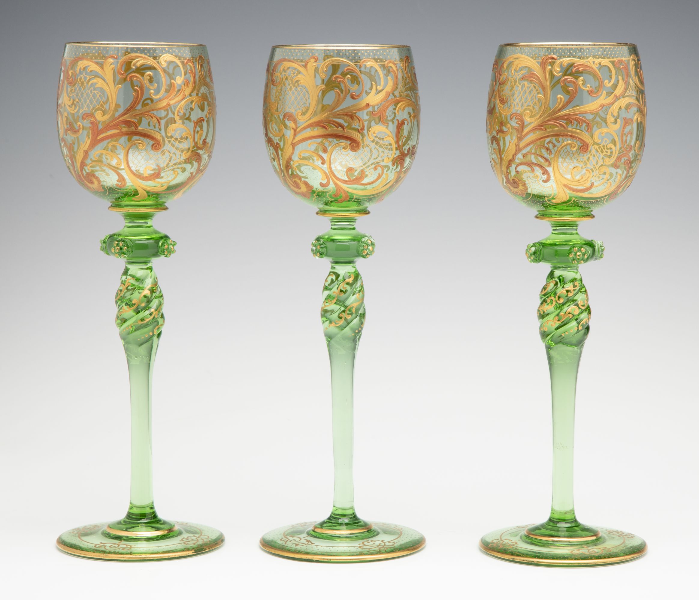 SIX FINE BOHEMIAN GLASS WINES WITH PRUNTS AND ENAMELS