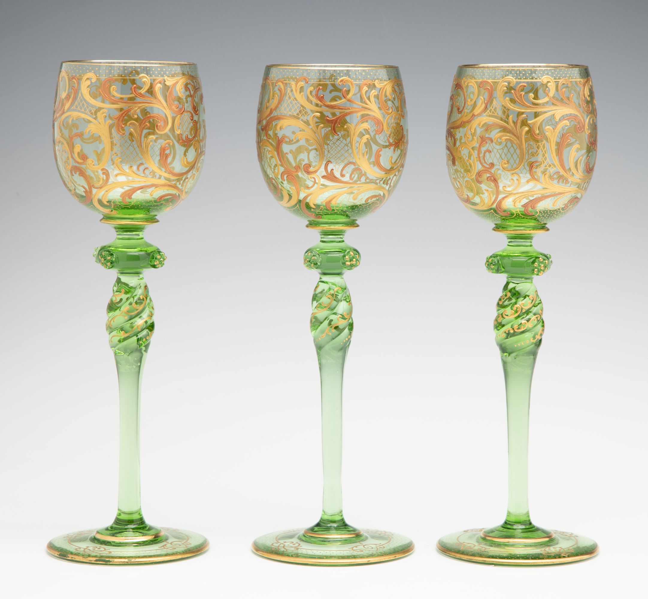 SIX FINE BOHEMIAN GLASS WINES WITH PRUNTS AND ENAMELS