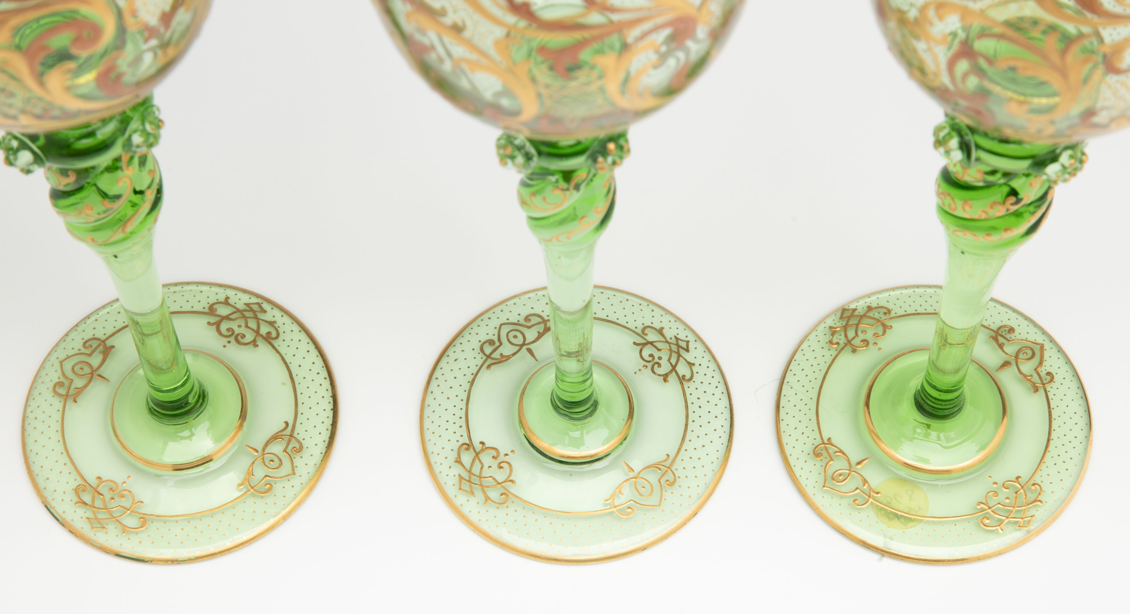 SIX FINE BOHEMIAN GLASS WINES WITH PRUNTS AND ENAMELS