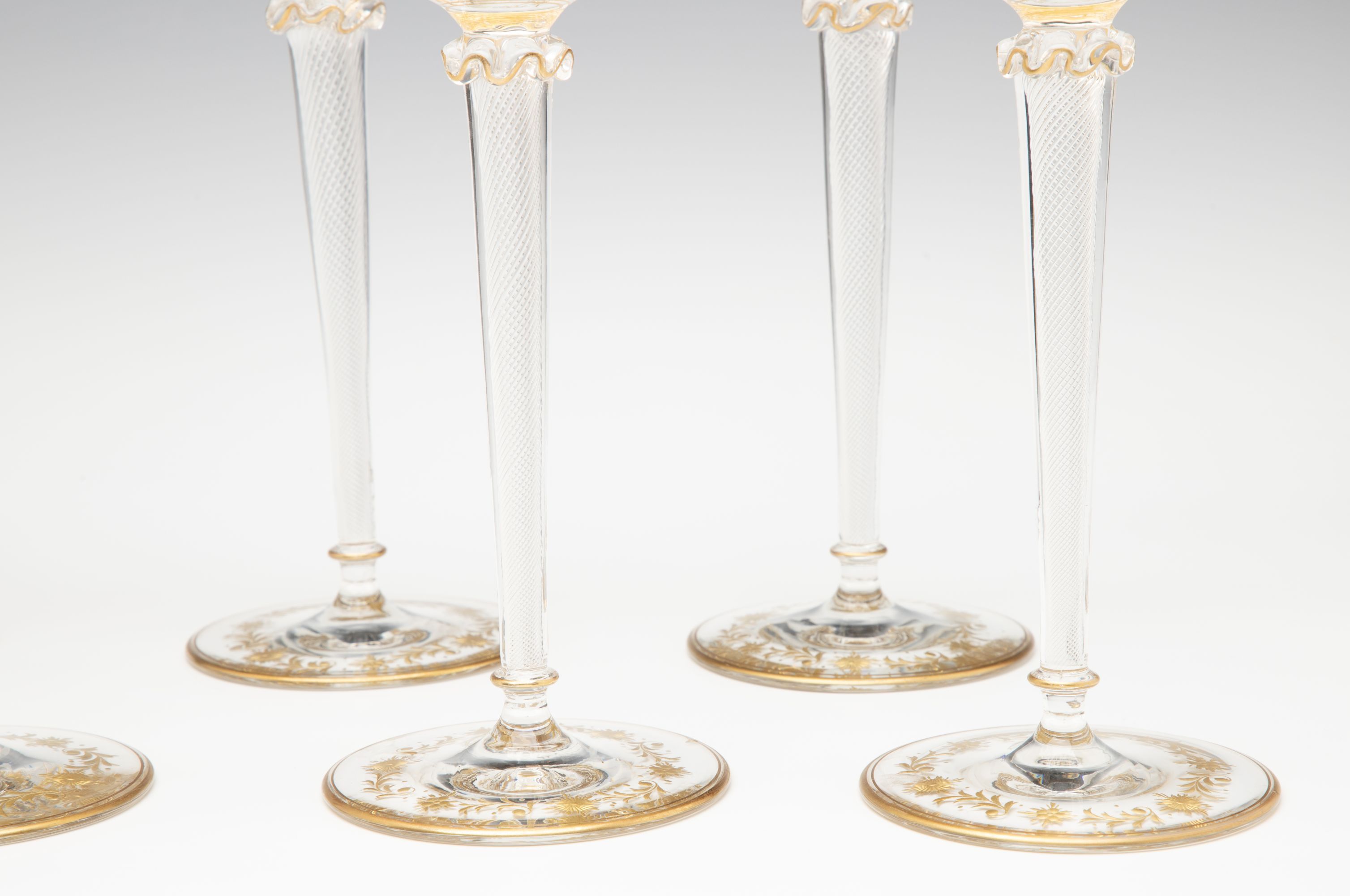 EIGHT TALL CONTINENTAL ART GLASS COUPE' STEMS C. 1920