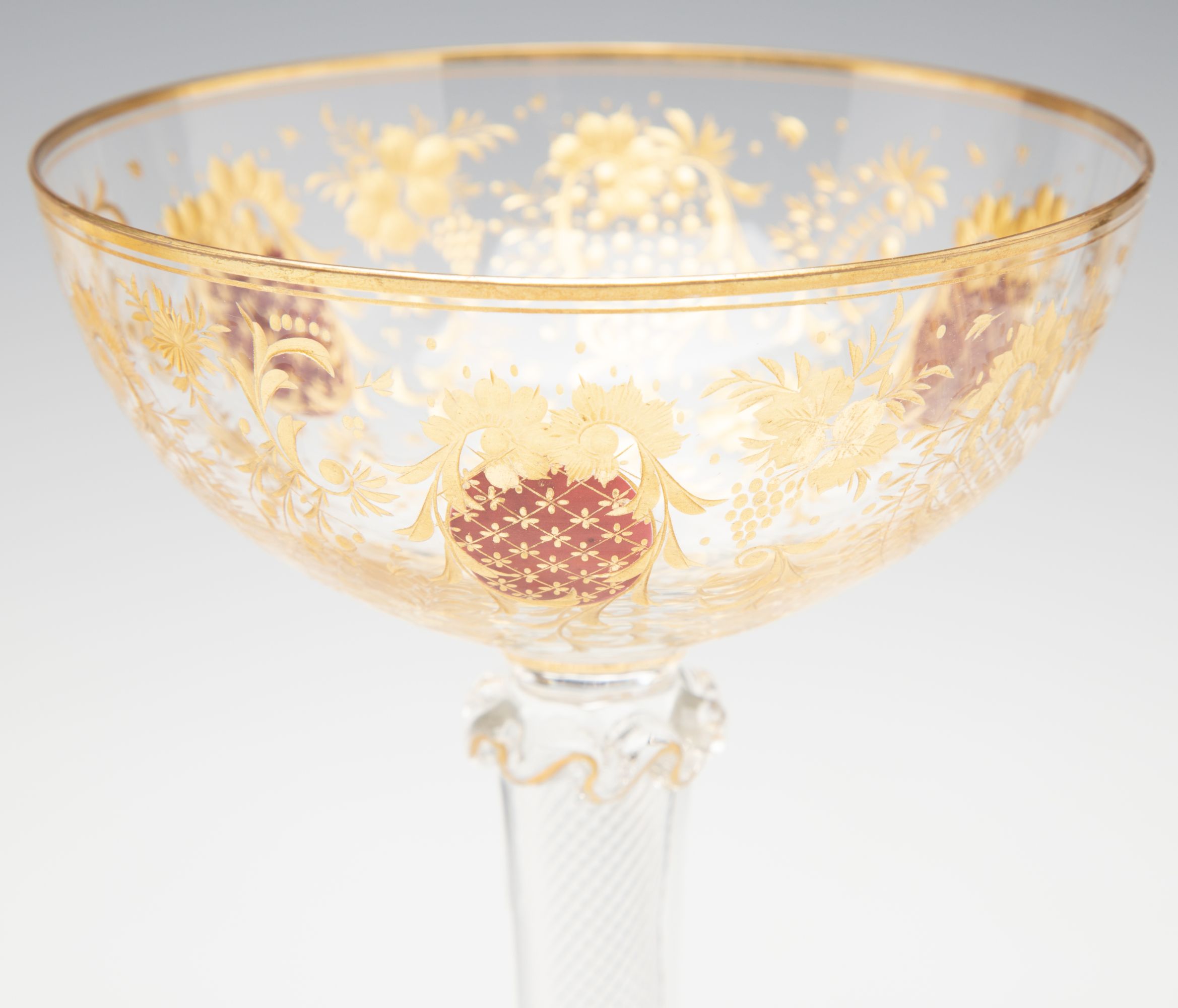 EIGHT TALL CONTINENTAL ART GLASS COUPE' STEMS C. 1920