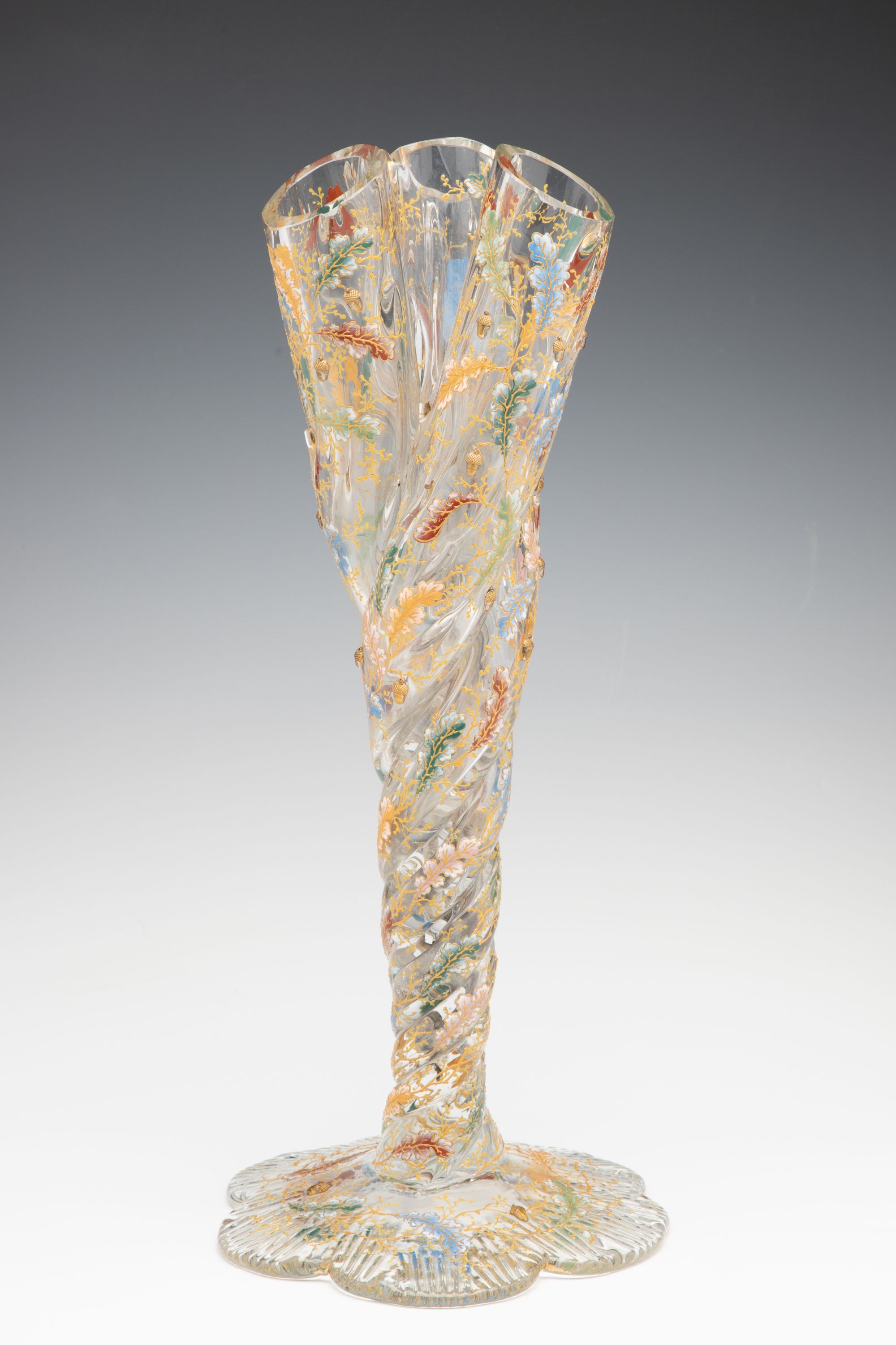 A MOSER 15-INCH TRIPLE BUD VASE WITH APPLIED ACORNS