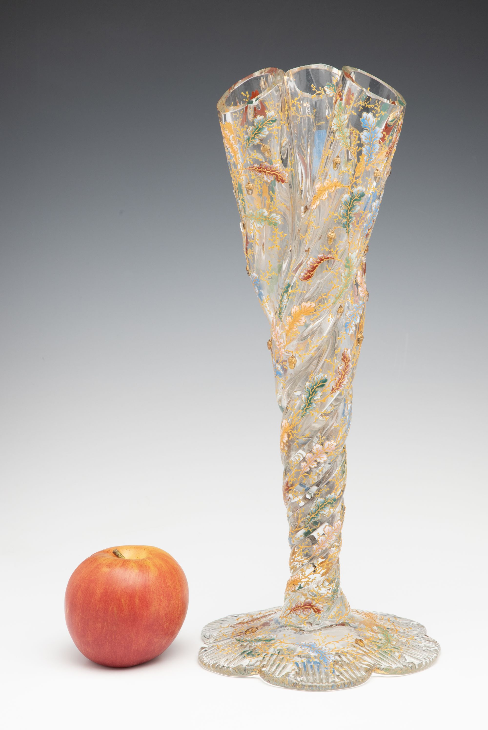 A MOSER 15-INCH TRIPLE BUD VASE WITH APPLIED ACORNS