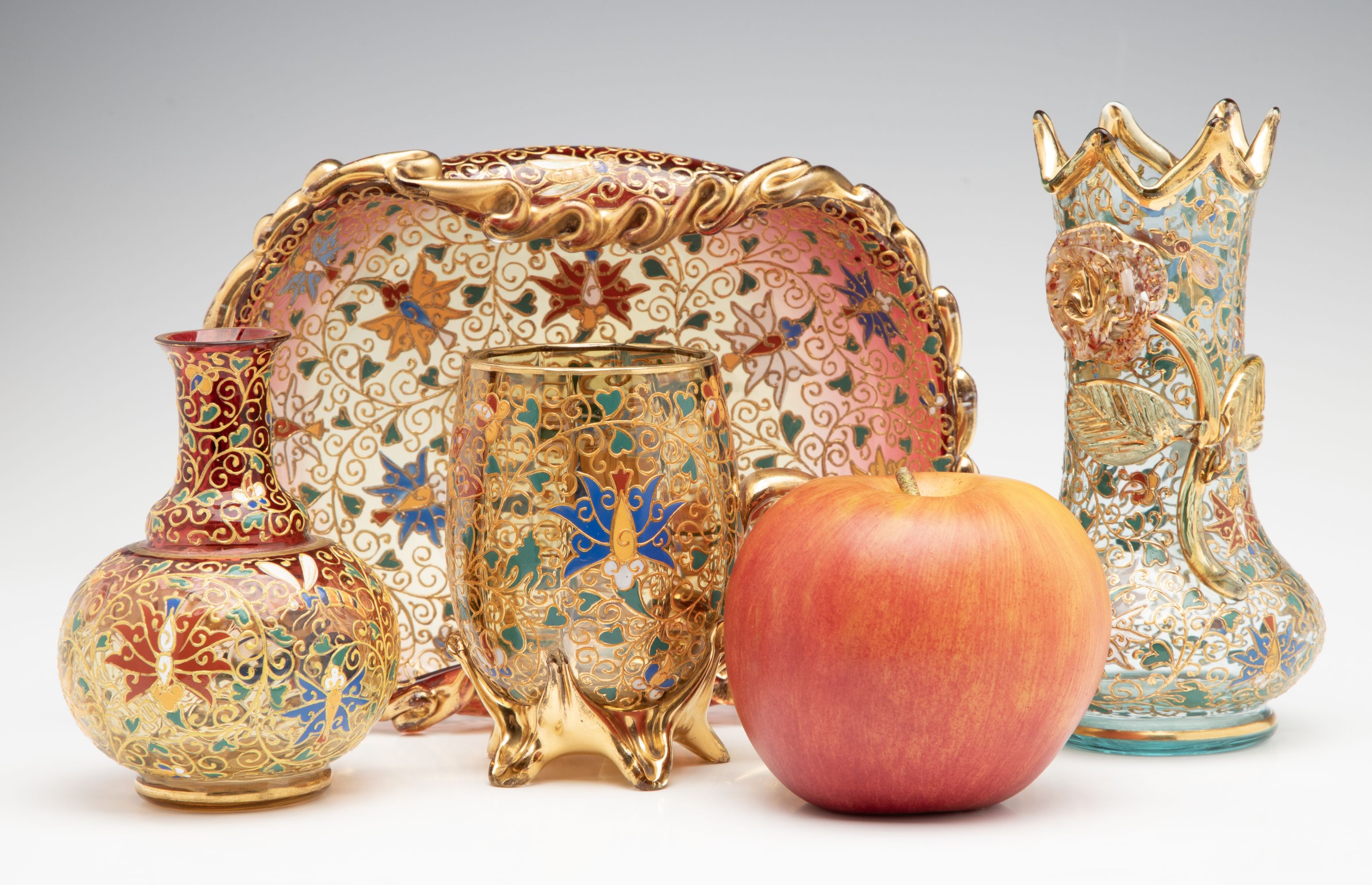 A GROUPING OF GILT AND ENAMEL DECORATED MOSER ART GLASS