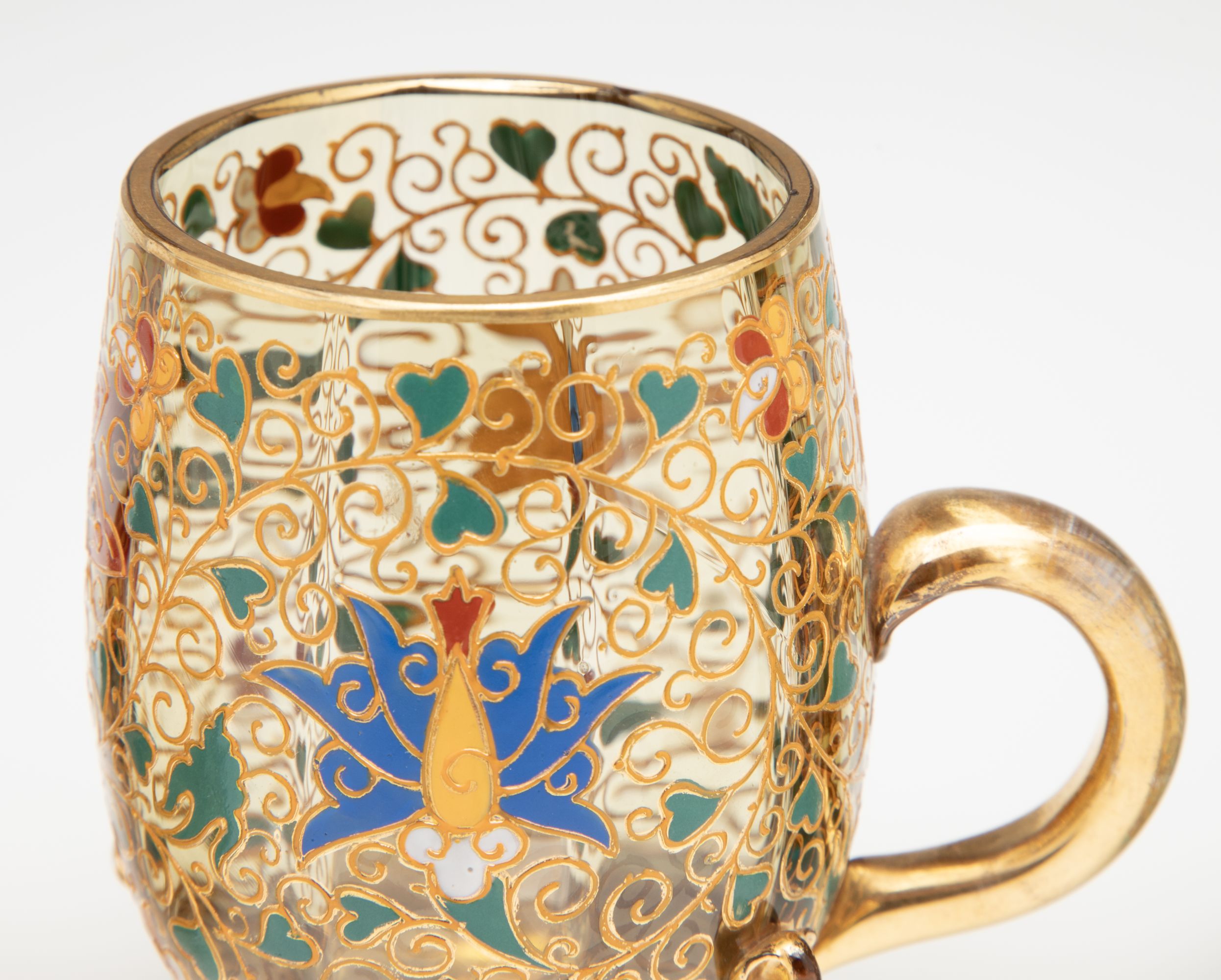 A GROUPING OF GILT AND ENAMEL DECORATED MOSER ART GLASS