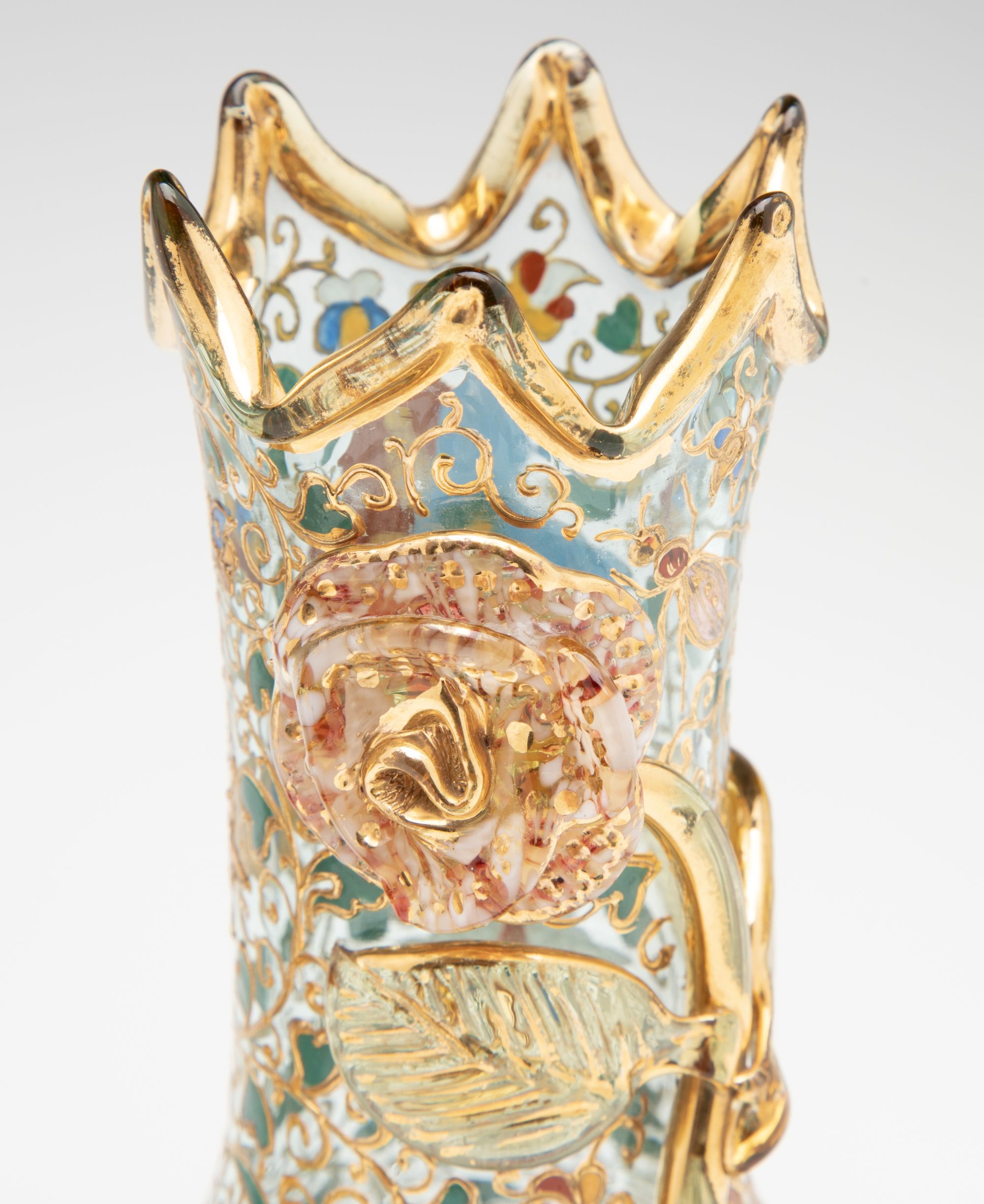 A GROUPING OF GILT AND ENAMEL DECORATED MOSER ART GLASS