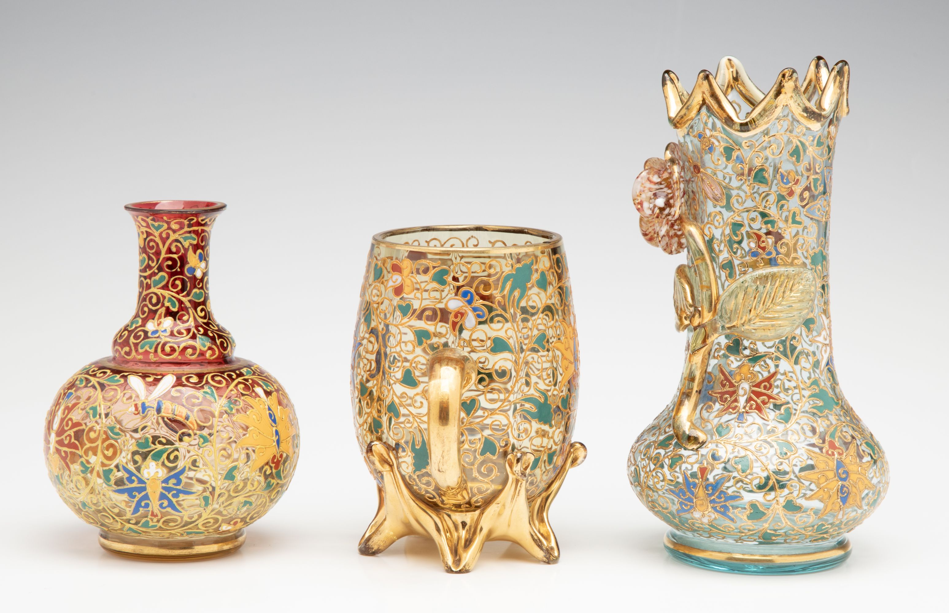 A GROUPING OF GILT AND ENAMEL DECORATED MOSER ART GLASS