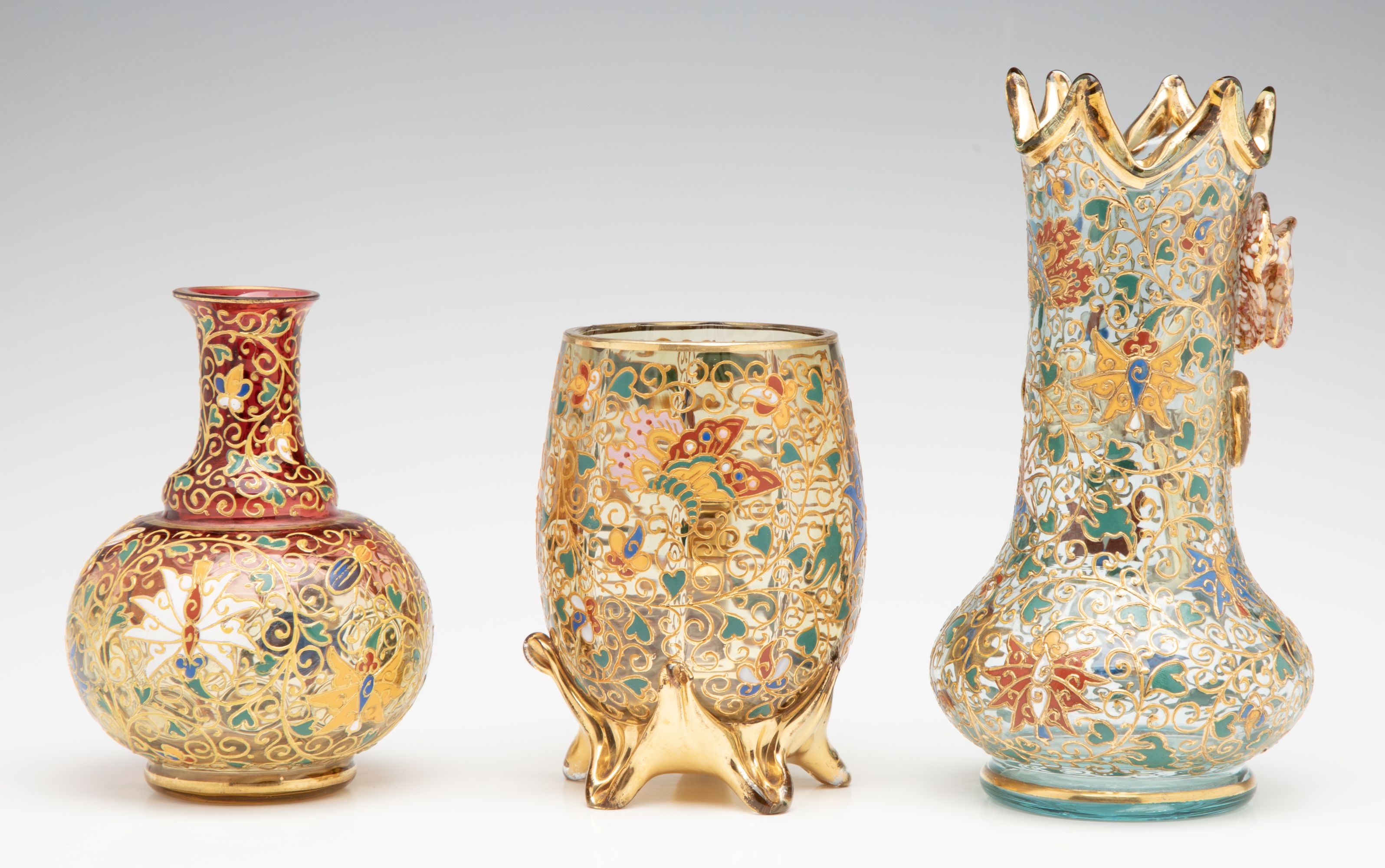 A GROUPING OF GILT AND ENAMEL DECORATED MOSER ART GLASS