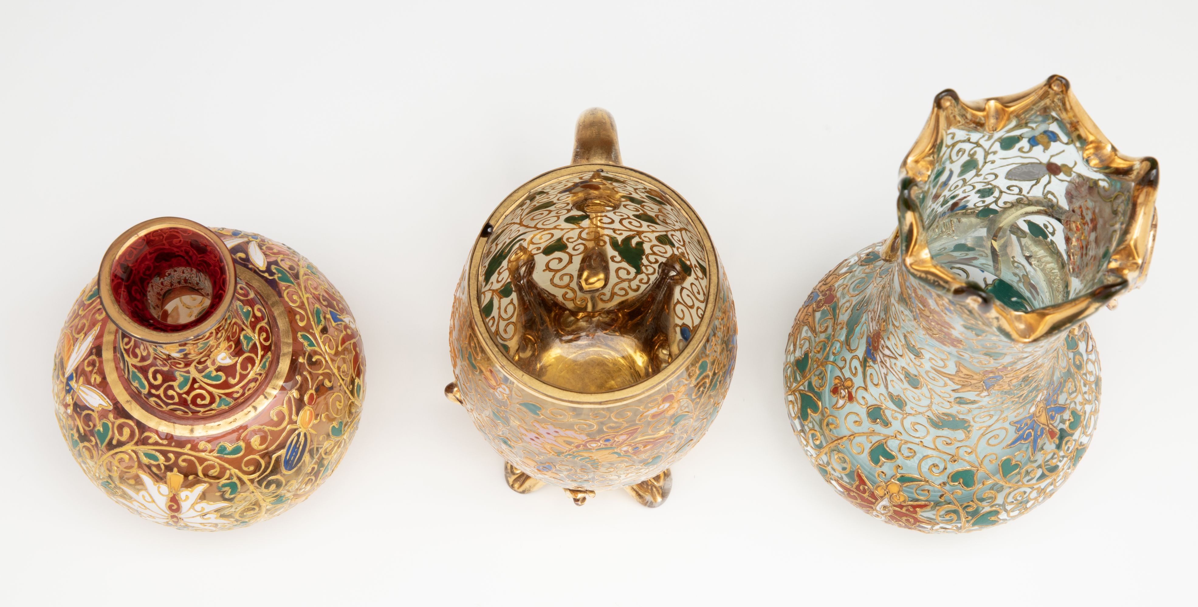 A GROUPING OF GILT AND ENAMEL DECORATED MOSER ART GLASS